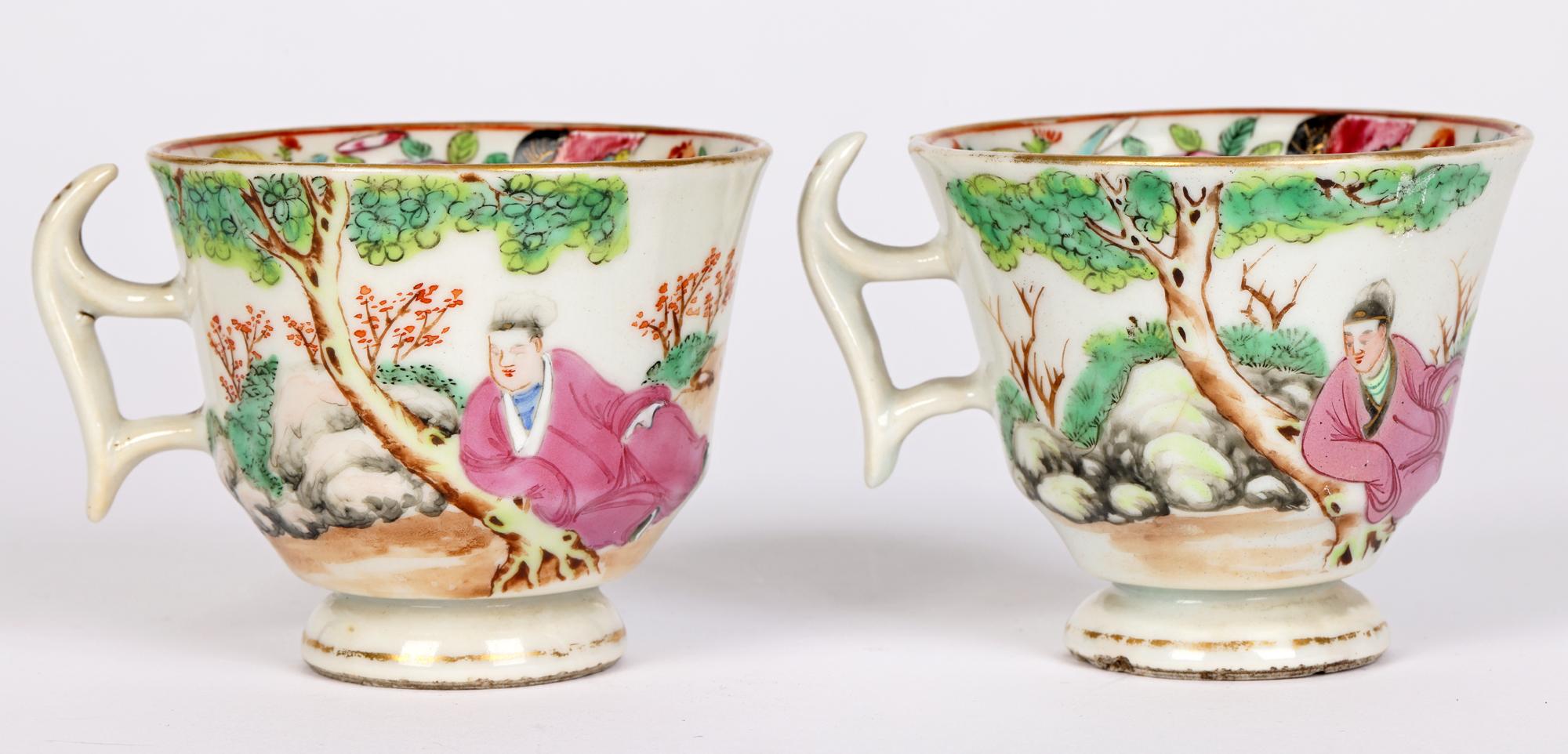 Swansea Welsh Pair Famille Rose Chinese Mandarin Pattern Porcelain Cups In Fair Condition For Sale In Bishop's Stortford, Hertfordshire