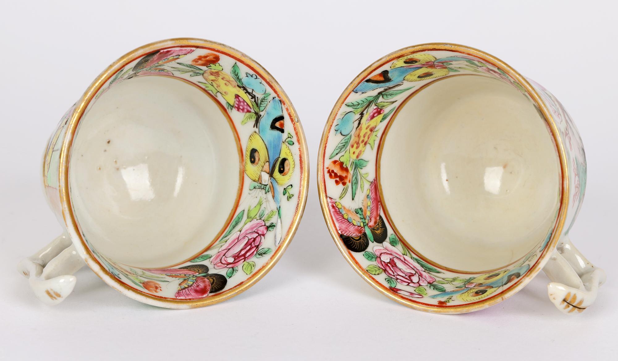Early 19th Century Swansea Welsh Pair Famille Rose Chinese Mandarin Pattern Porcelain Cups For Sale