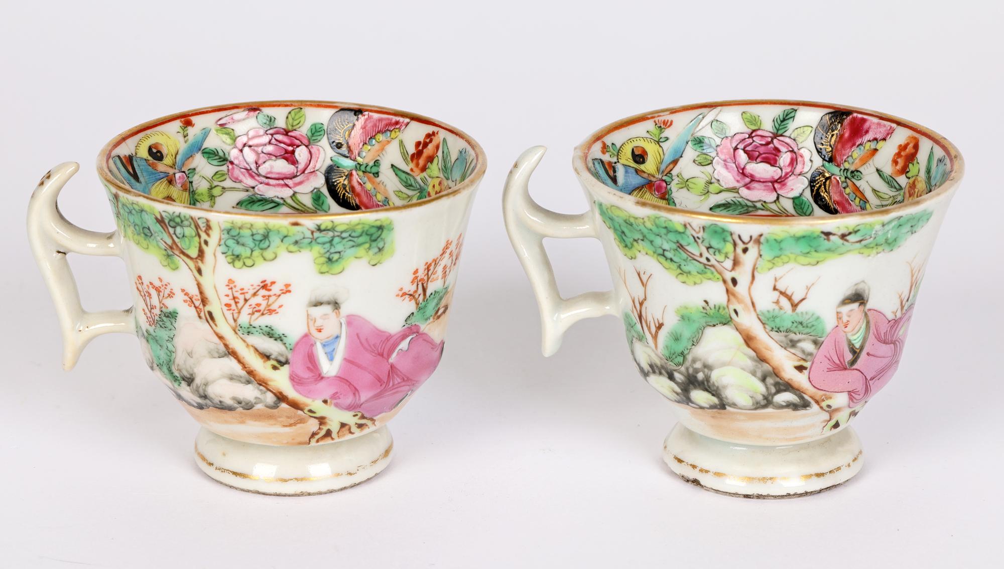 Swansea Welsh Pair Famille Rose Chinese Mandarin Pattern Porcelain Cups For Sale 1