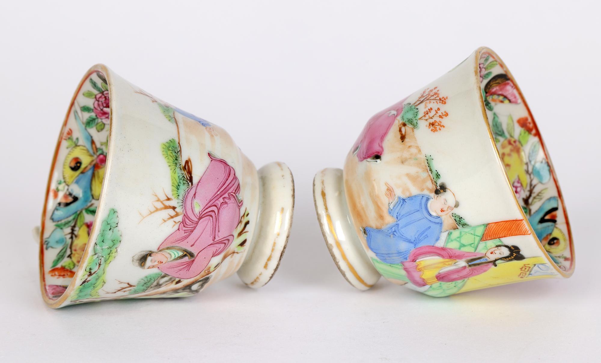 Swansea Welsh Pair Famille Rose Chinese Mandarin Pattern Porcelain Cups For Sale 3