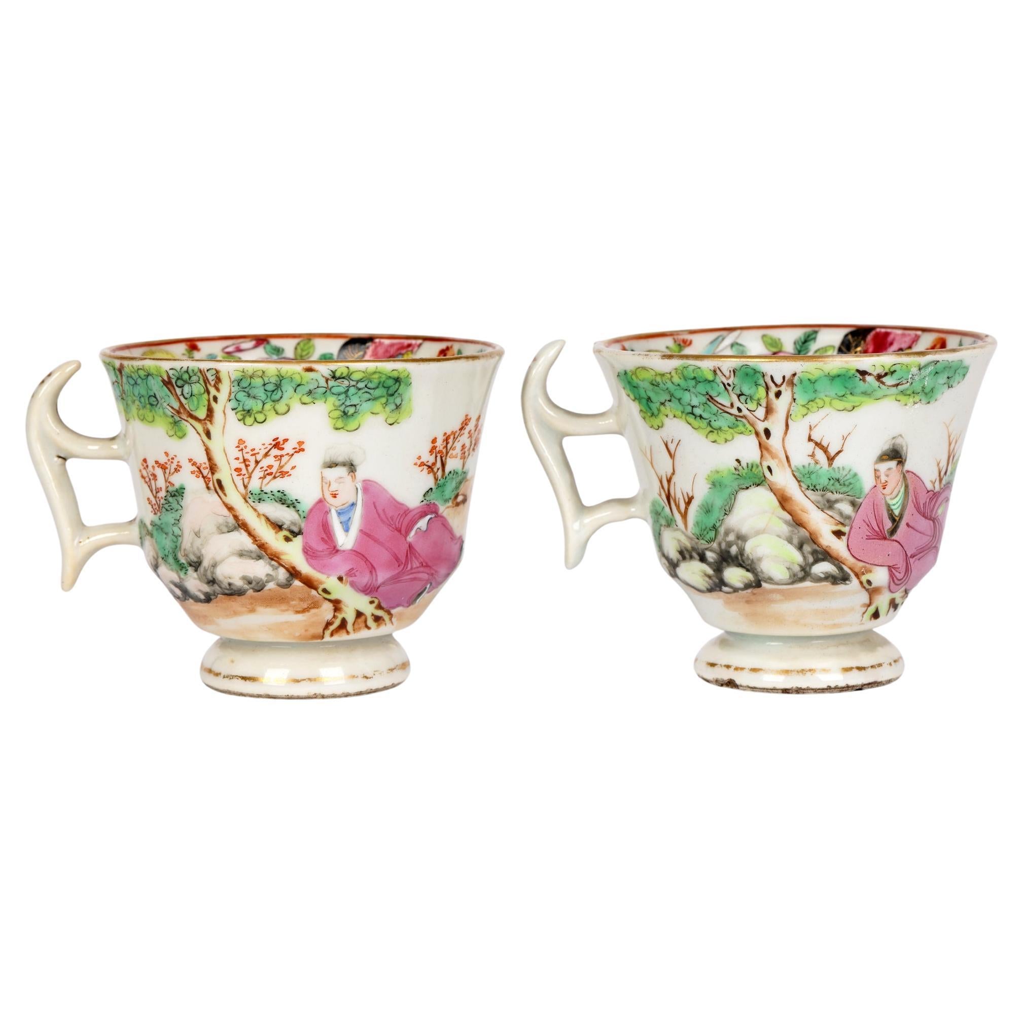 Swansea Welsh Pair Famille Rose Chinese Mandarin Pattern Porcelain Cups For Sale