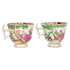 Swansea Welsh Pair Famille Rose Chinese Mandarin Pattern Porcelain Cups
