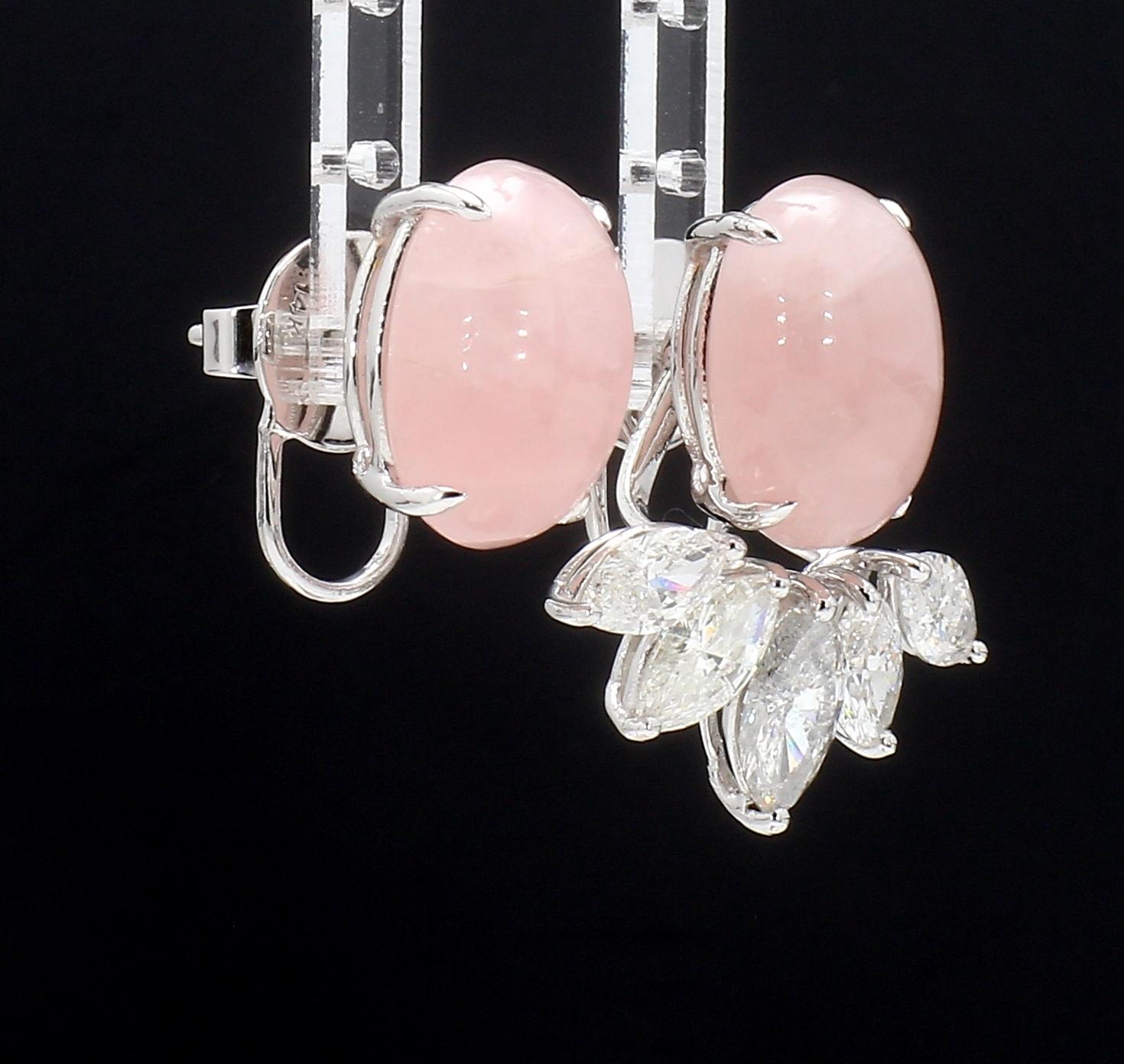 5.72ct Dual ear studs with pearls and rose quartz and underlay marquise diamonds In New Condition In New York, NY