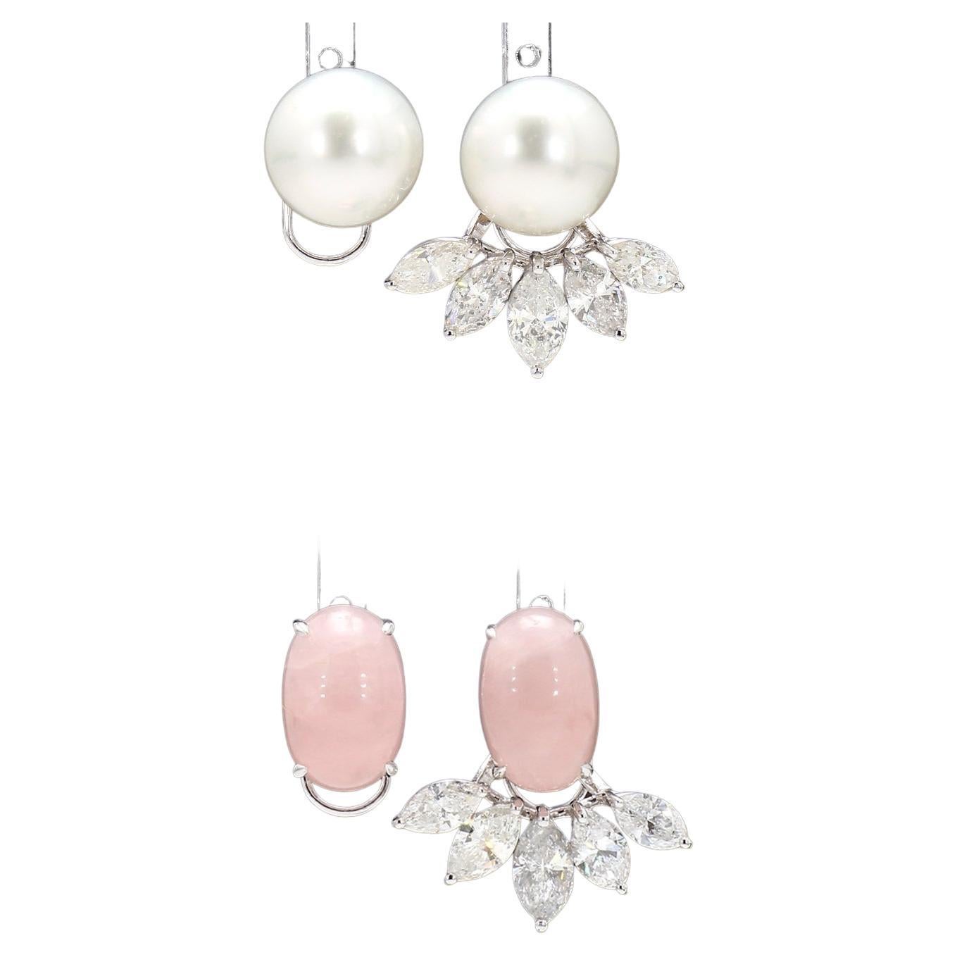 5.72ct Dual ear studs with pearls and rose quartz and underlay marquise diamonds