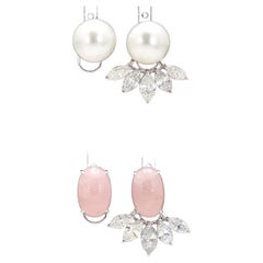 5.72ct Dual ear studs with pearls and rose quartz and underlay marquise diamonds