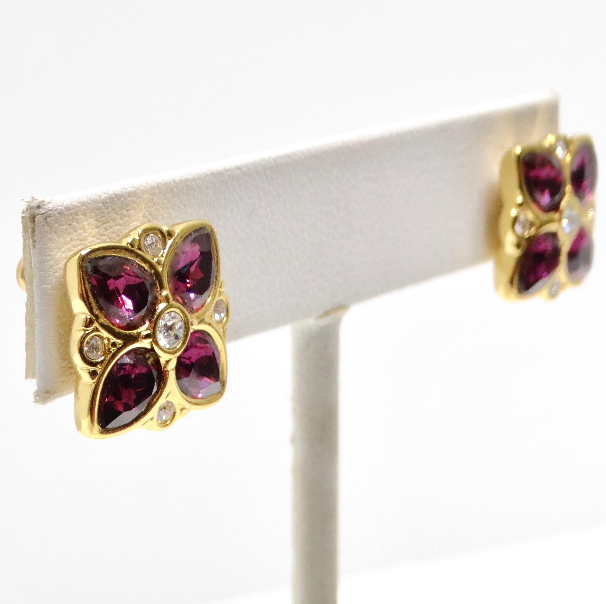 Swarovski 1980s Purple Rhinestone Flower Earrings In Good Condition For Sale In Scottsdale, AZ