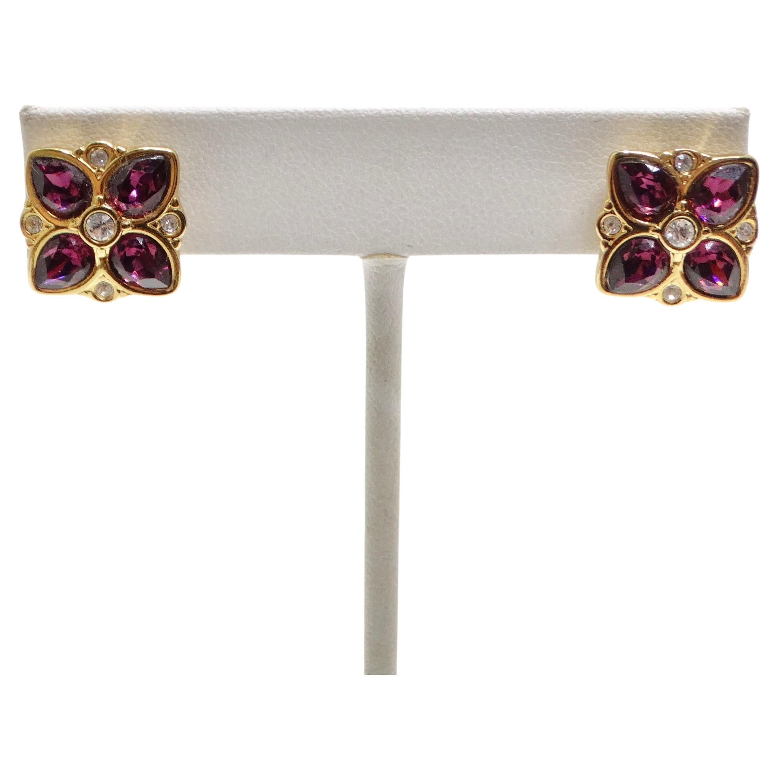 Swarovski 1980s Purple Rhinestone Flower Earrings For Sale