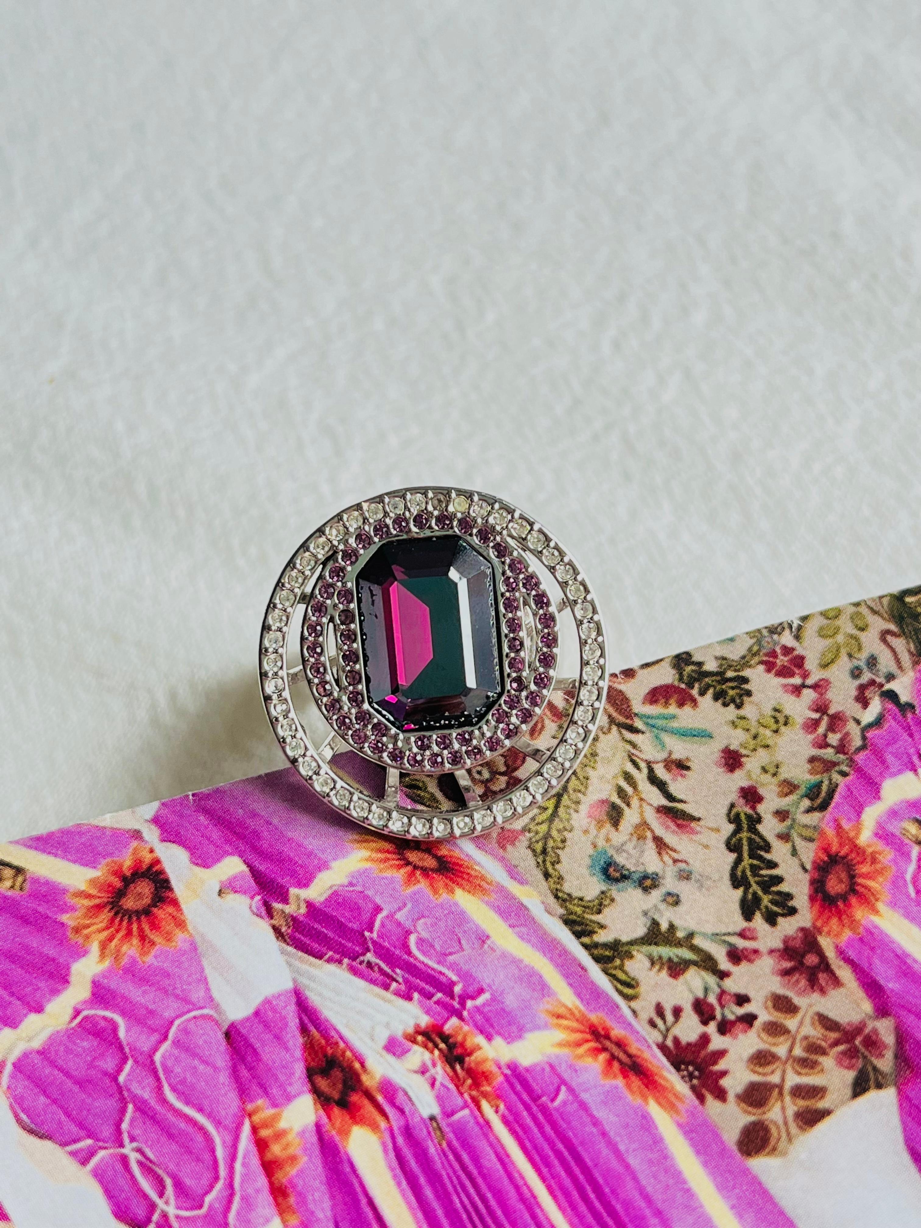 Art Deco Swarovski Amethyst Double Circle Crystal Octagonal Cocktail Chunky Ring, Size 55 For Sale