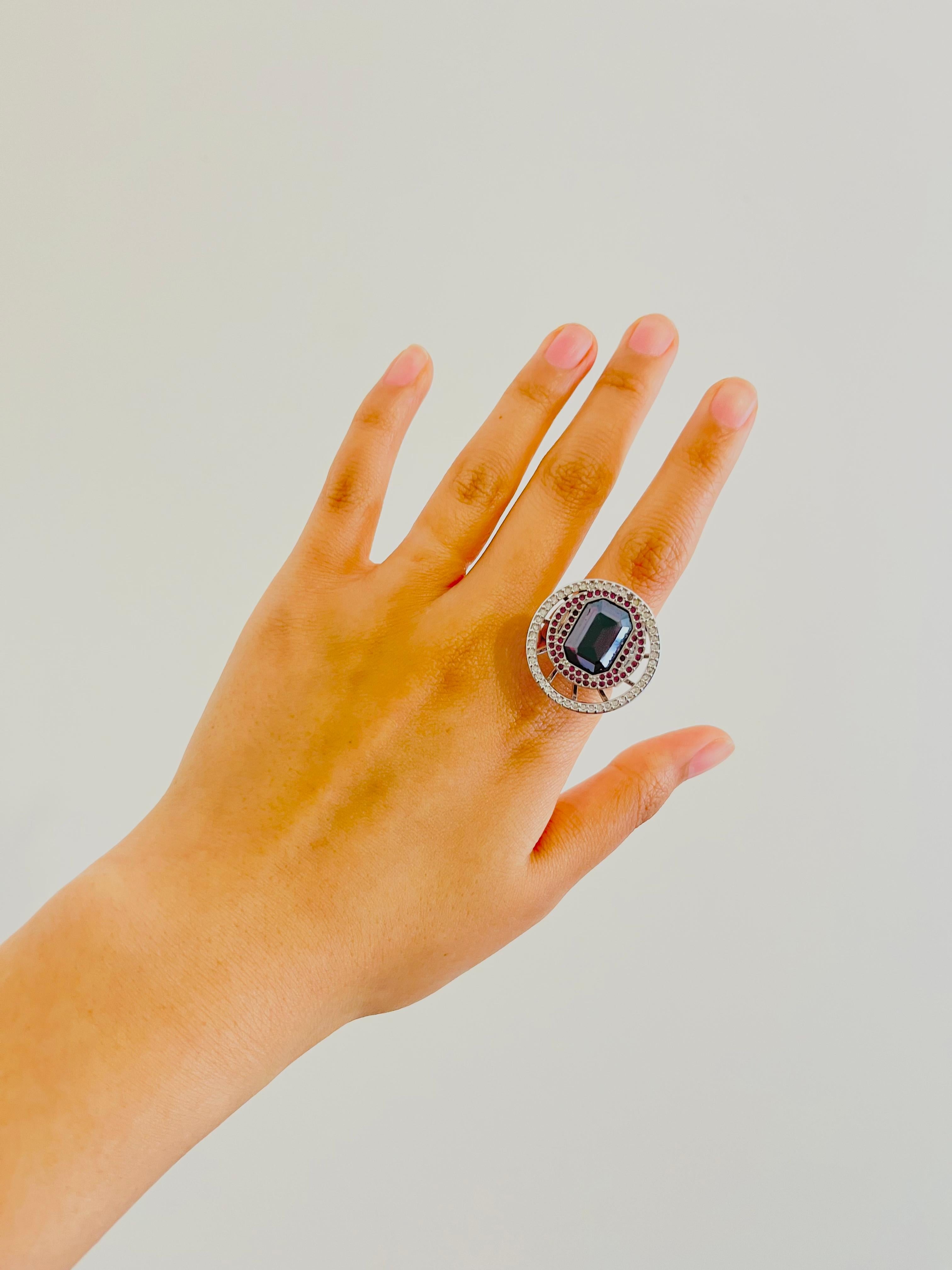 Women's or Men's Swarovski Amethyst Double Circle Crystal Octagonal Cocktail Chunky Ring, Size 55 For Sale