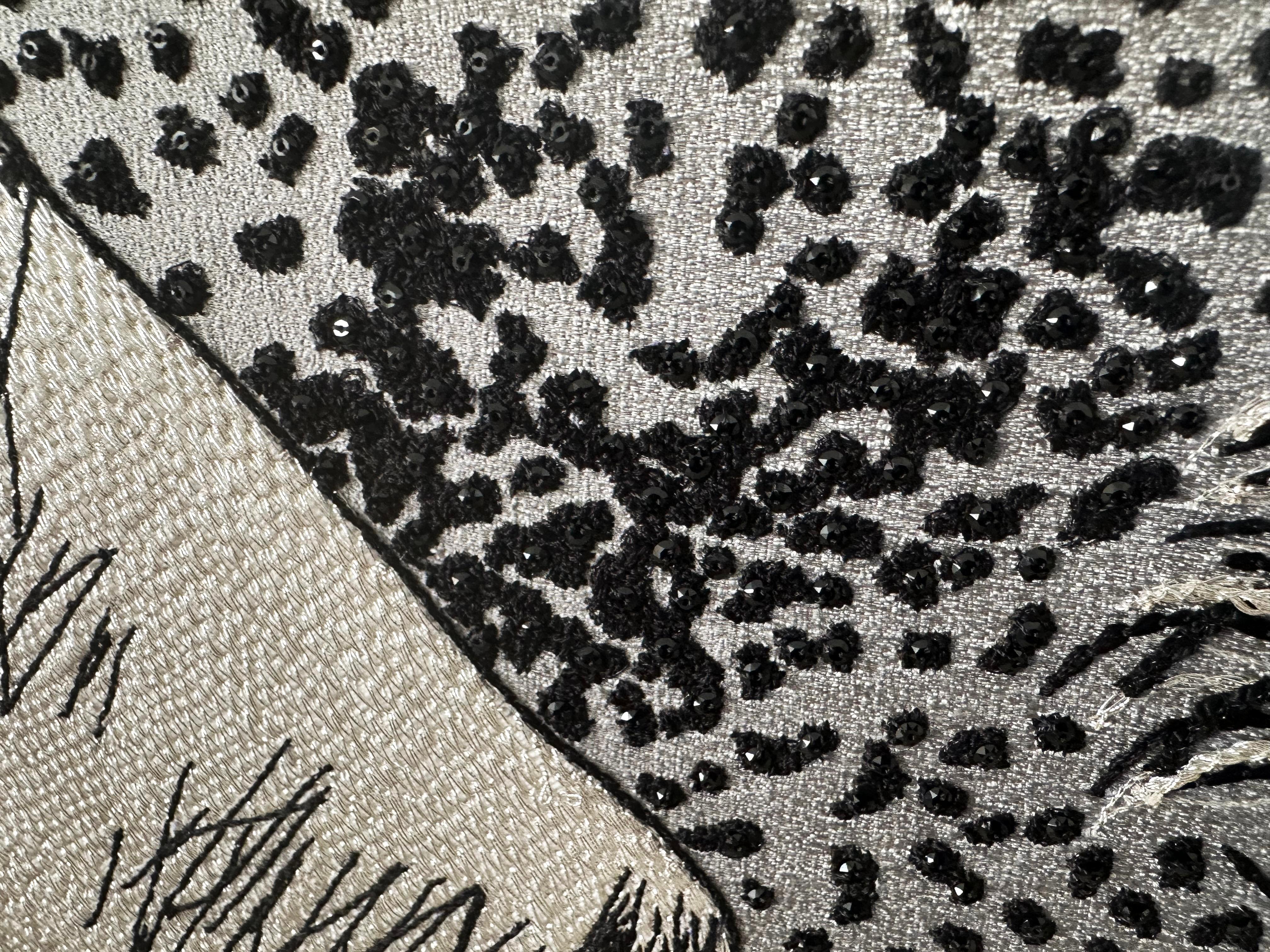 Hand-Crafted Swarovski and Silver Theads Embroidered Tapestry on Rubelli Fabric, in Stock For Sale