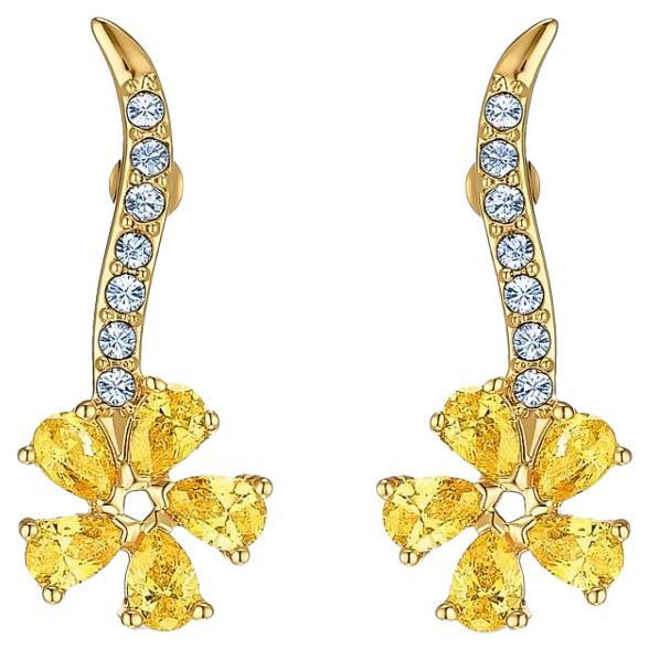 Art Deco Swarovski Atelier Flower Yellow Exquisite White Crystals Pierced Gold Earrings For Sale