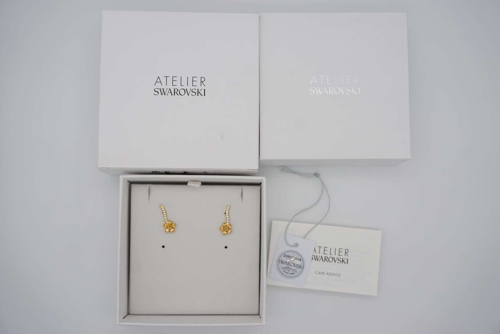 Swarovski Atelier Flower Yellow Exquisite White Crystals Pierced Gold Earrings  For Sale 1