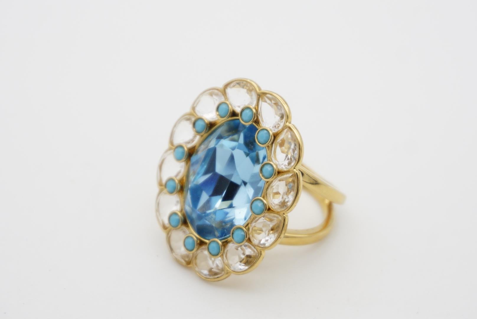 Swarovski Azore Blue Crystals Dots Clear Large Flower Cocktail Ring Size L 52 For Sale 2