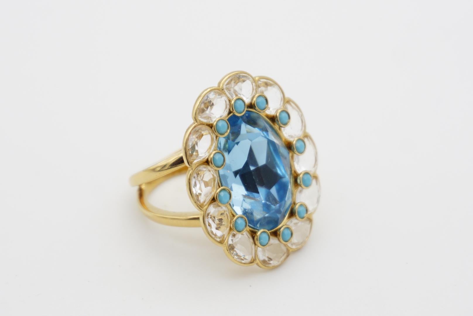 Swarovski Azore Blue Crystals Dots Clear Large Flower Cocktail Ring Size L 52 For Sale 3