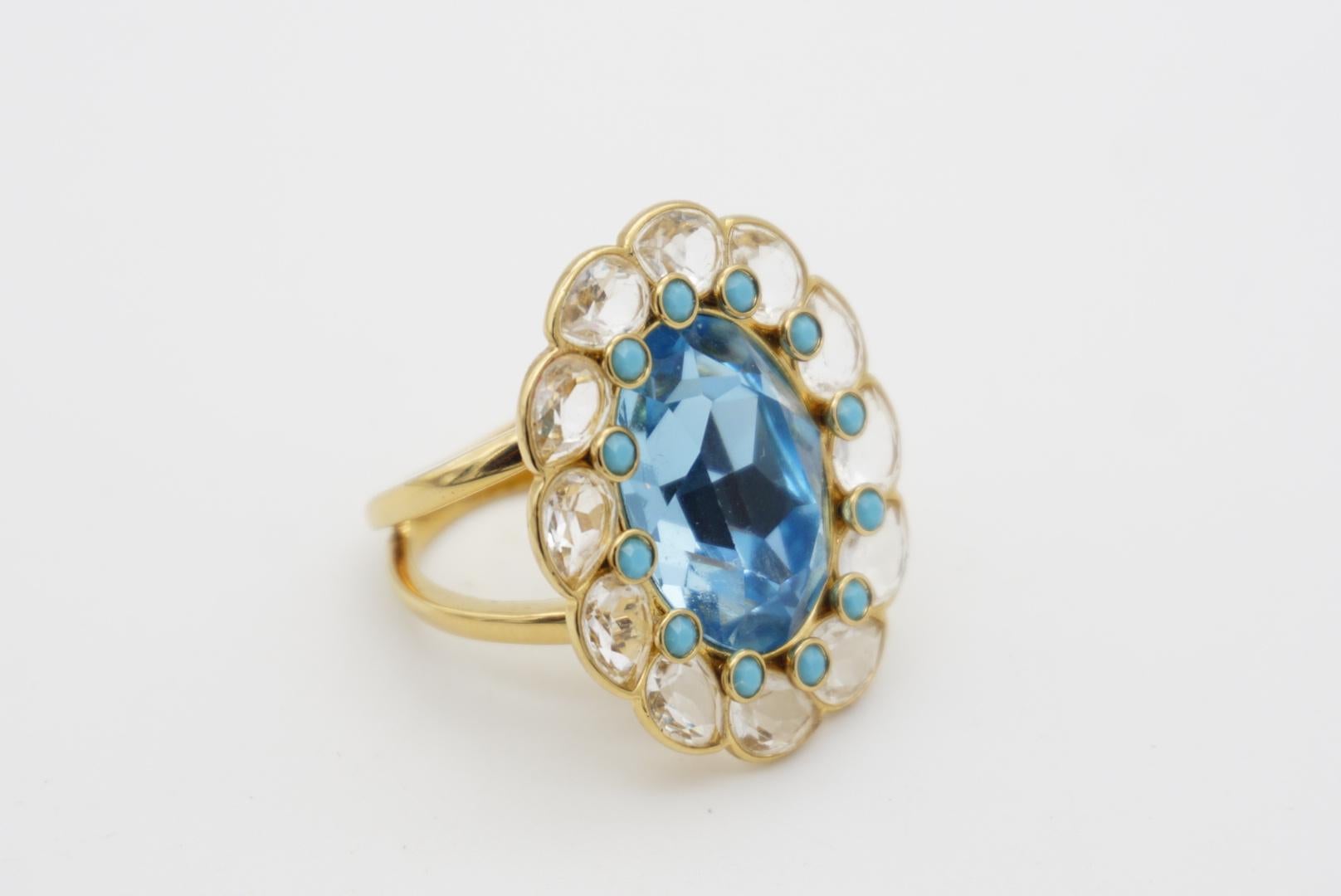 Swarovski Azore Blue Crystals Dots Clear Large Flower Cocktail Ring Size L 52 3