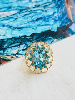 Swarovski Azore Blue Crystals Dots Clear Large Flower Cocktail Ring Size L 52