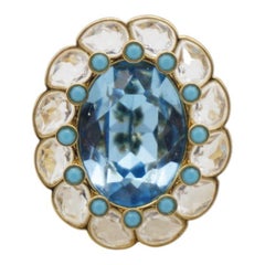 Swarovski Azore Blue Crystals Dots Clear Large Flower Cocktail Ring Size L 52