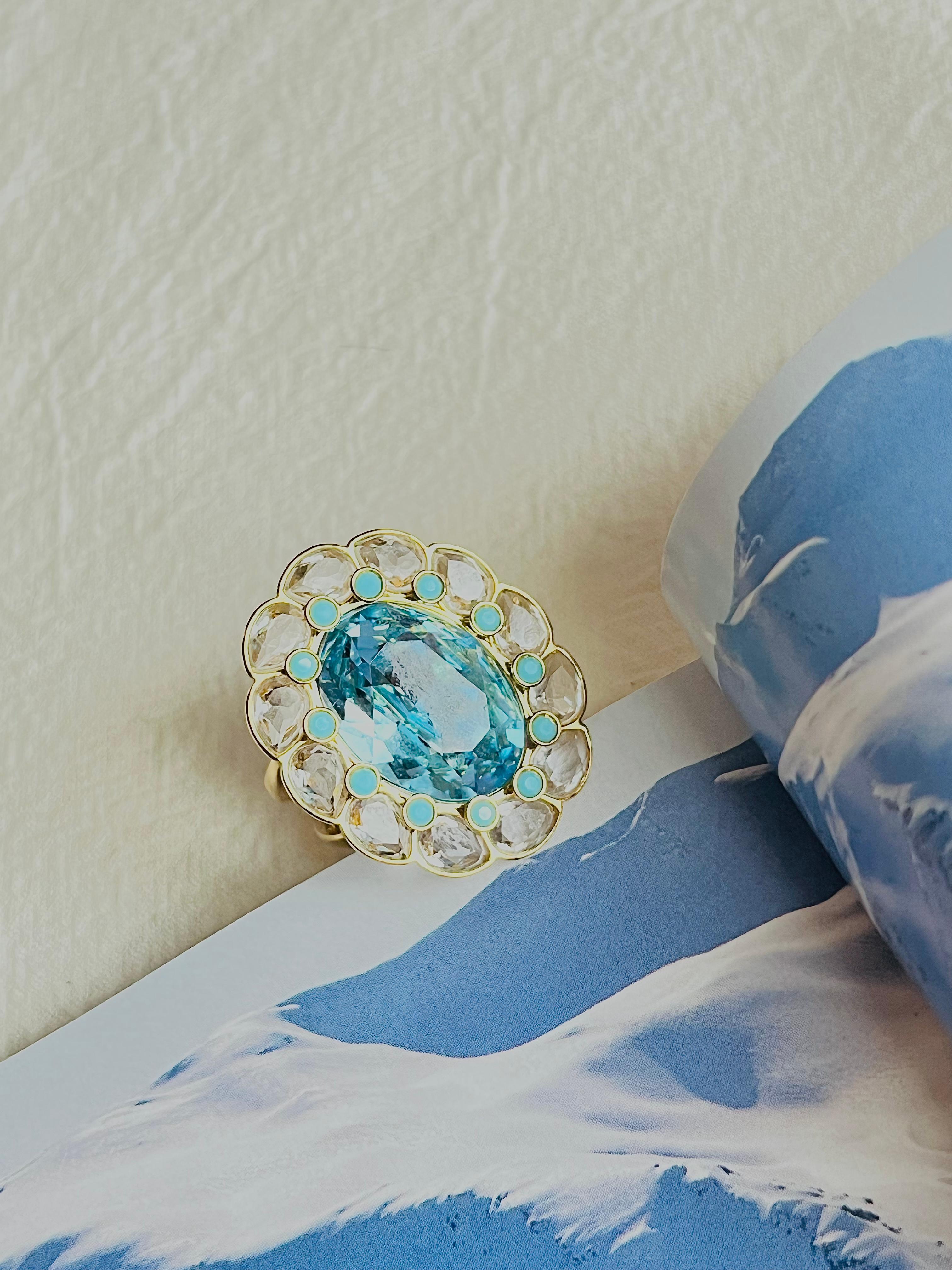 Art Deco Swarovski Azore Blue Crystals Dots Clear Large Flower Cocktail Ring Size L 52 For Sale