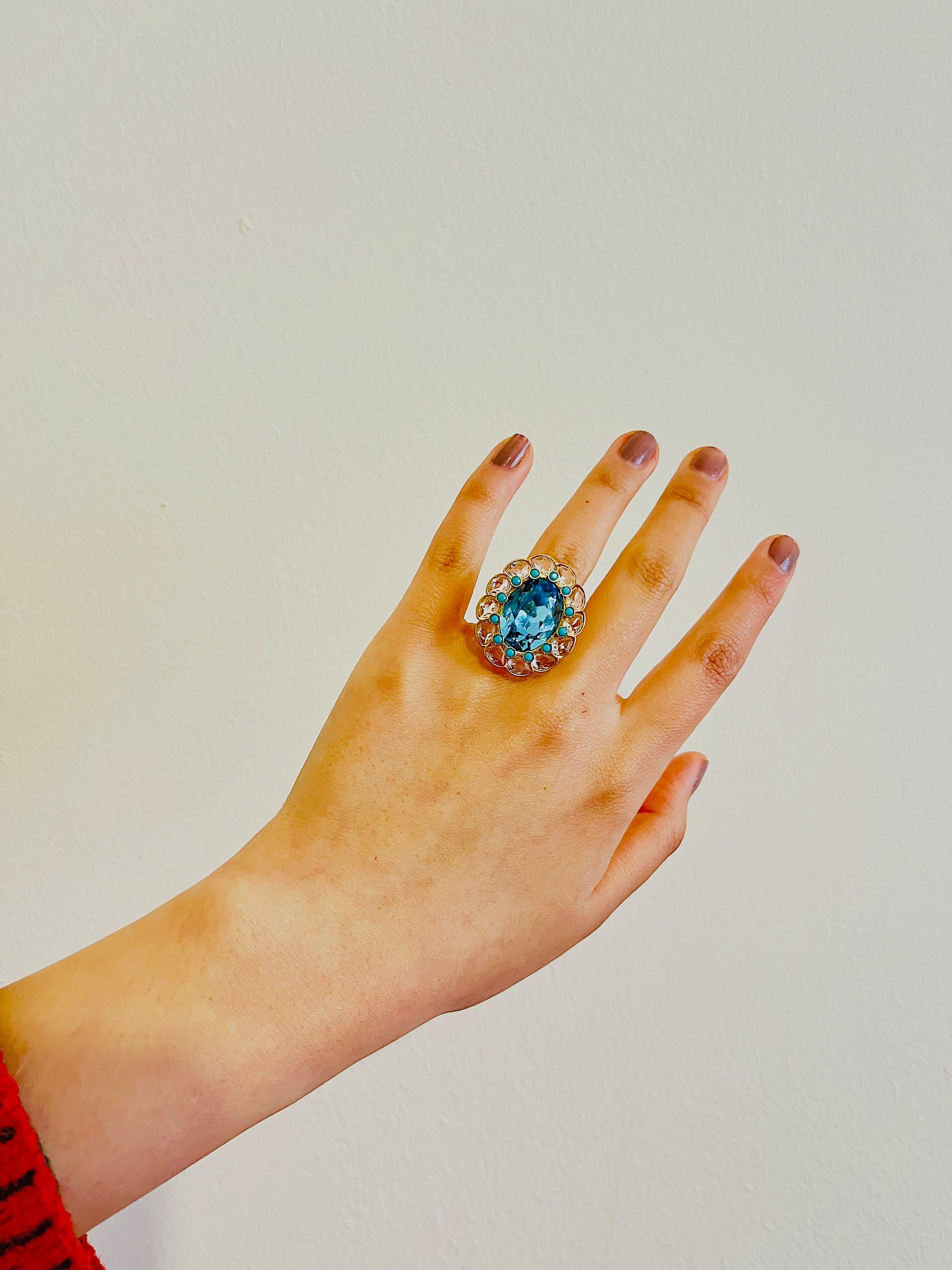 Swarovski Azore Blue Crystals Dots Clear Large Flower Cocktail Ring Size L 52 In Excellent Condition For Sale In Wokingham, England