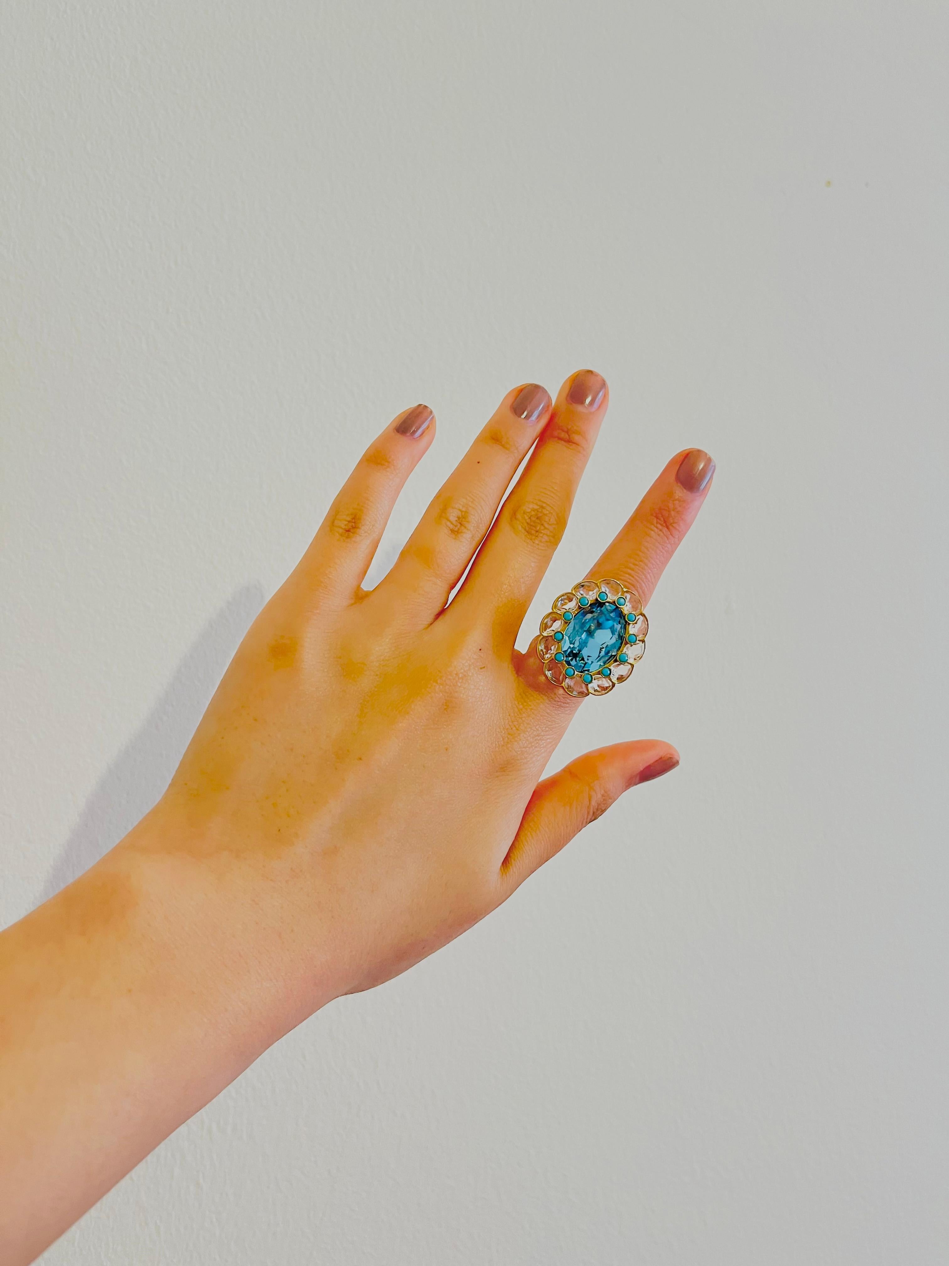 Women's Swarovski Azore Blue Crystals Dots Clear Large Flower Cocktail Ring Size L 52