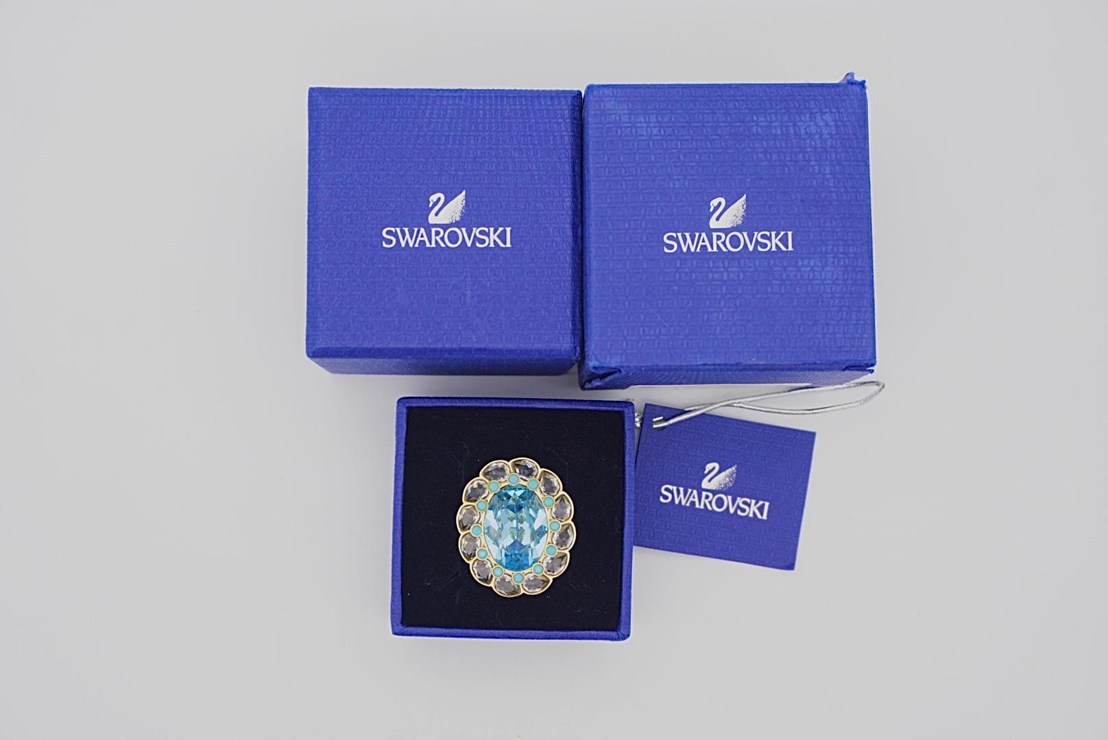 Swarovski Azore Blue Crystals Dots Clear Large Flower Cocktail Ring Size L 52 For Sale 1