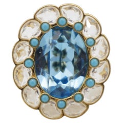 Swarovski Azore Blue Crystals Dots Clear Grande Fiore Cocktail Ring Taglia L 52