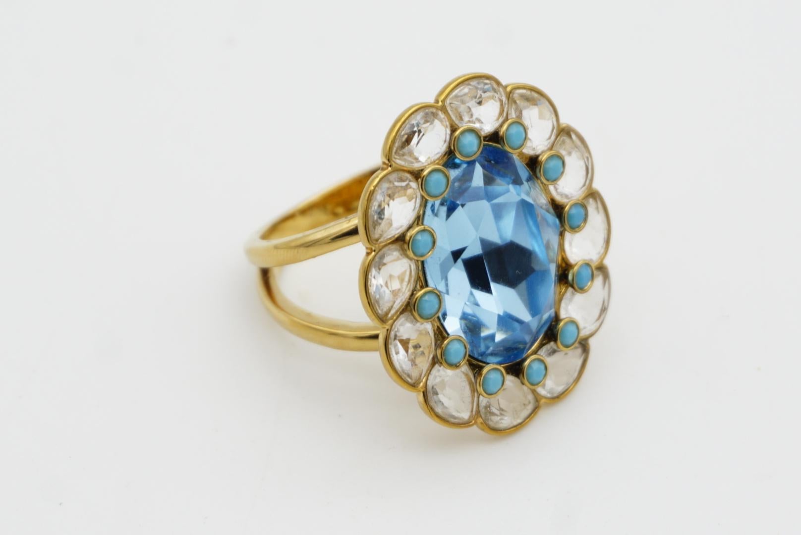 Swarovski Azore Large Clear Blue Crystals Dots Flower Cocktail Ring Size R 60 For Sale 5