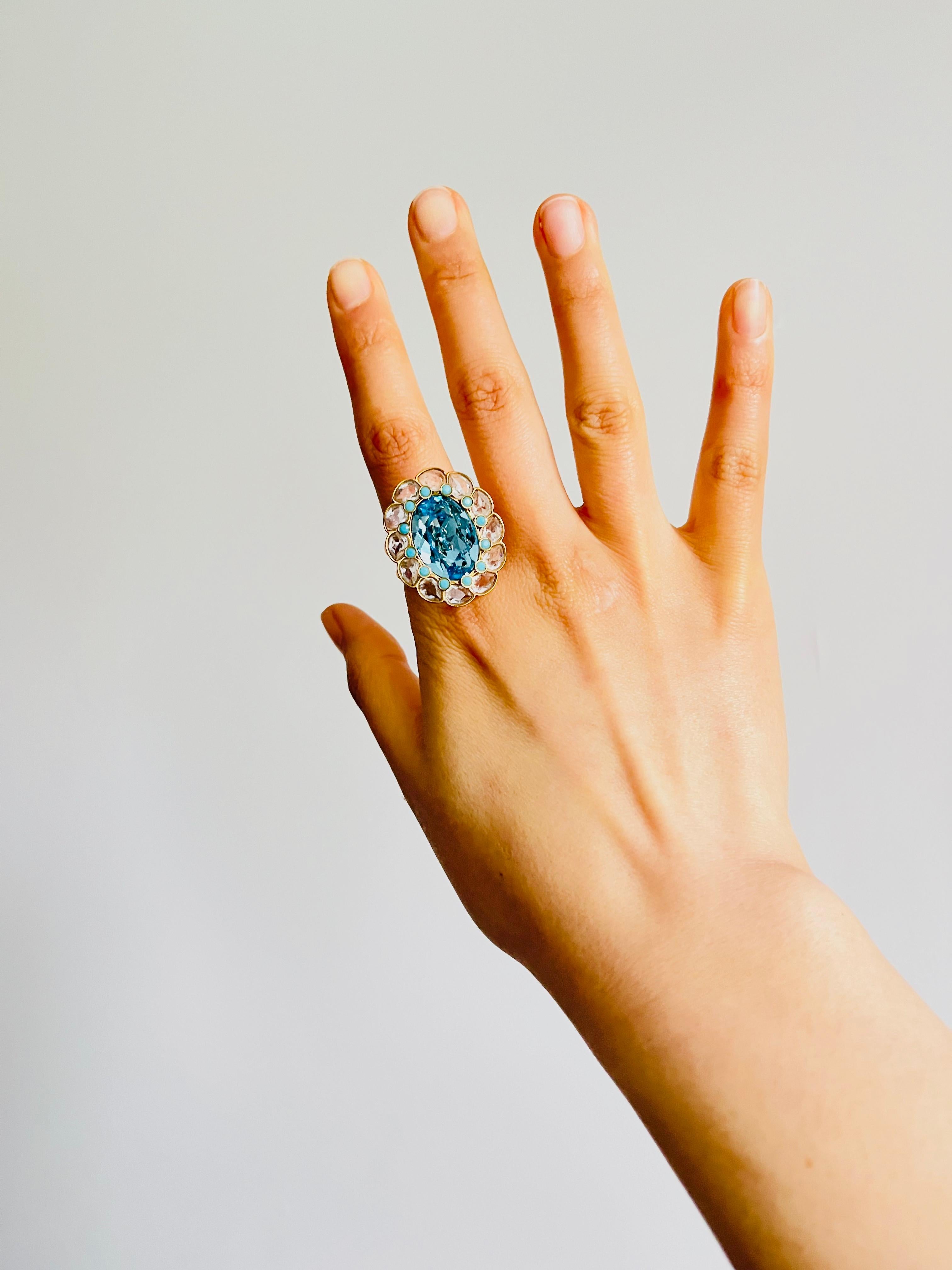 Women's Swarovski Azore Large Clear Blue Crystals Dots Flower Cocktail Ring Size R 60 For Sale