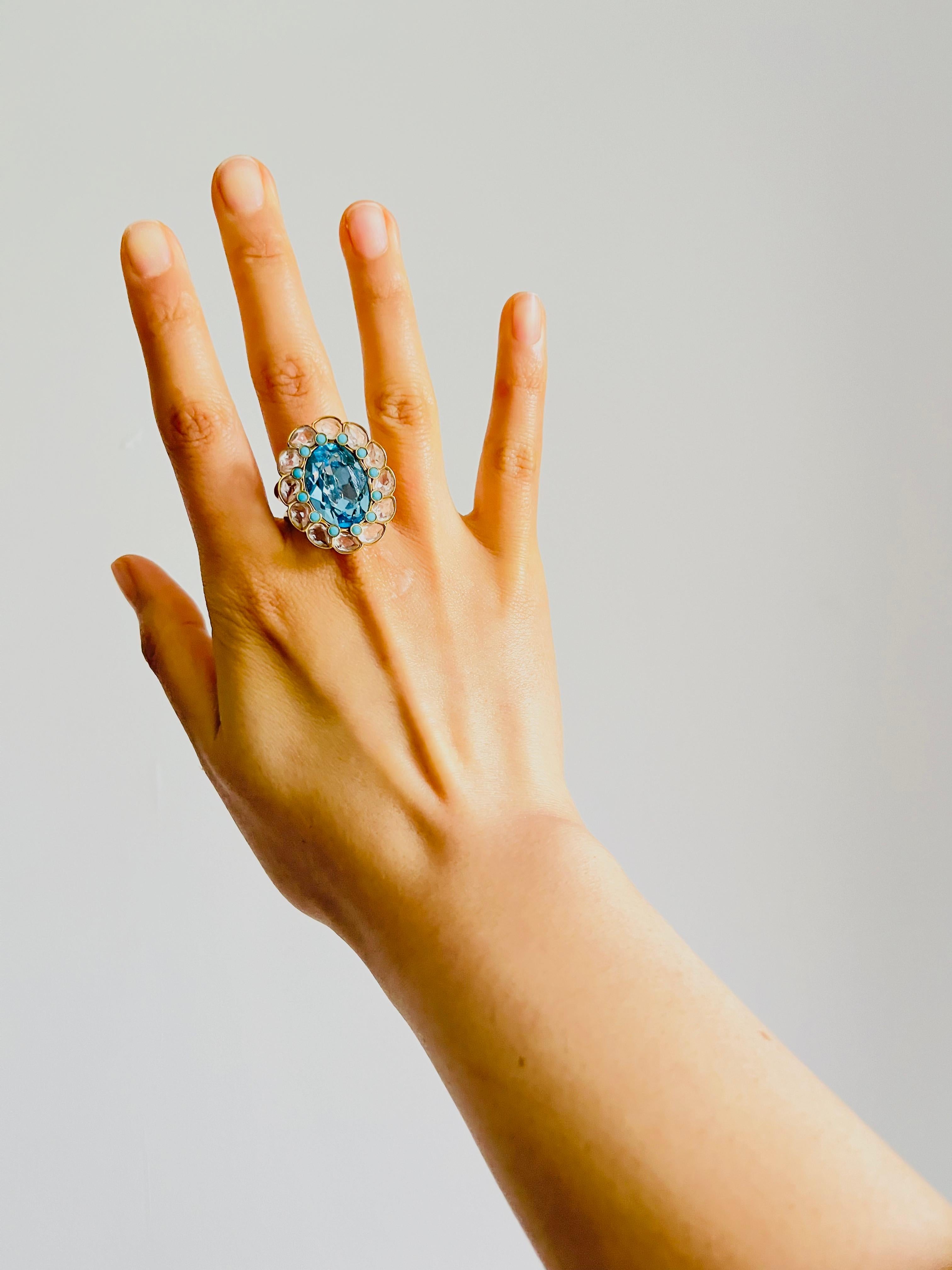 Swarovski Azore Large Clear Blue Crystals Dots Flower Cocktail Ring Size R 60 For Sale 1
