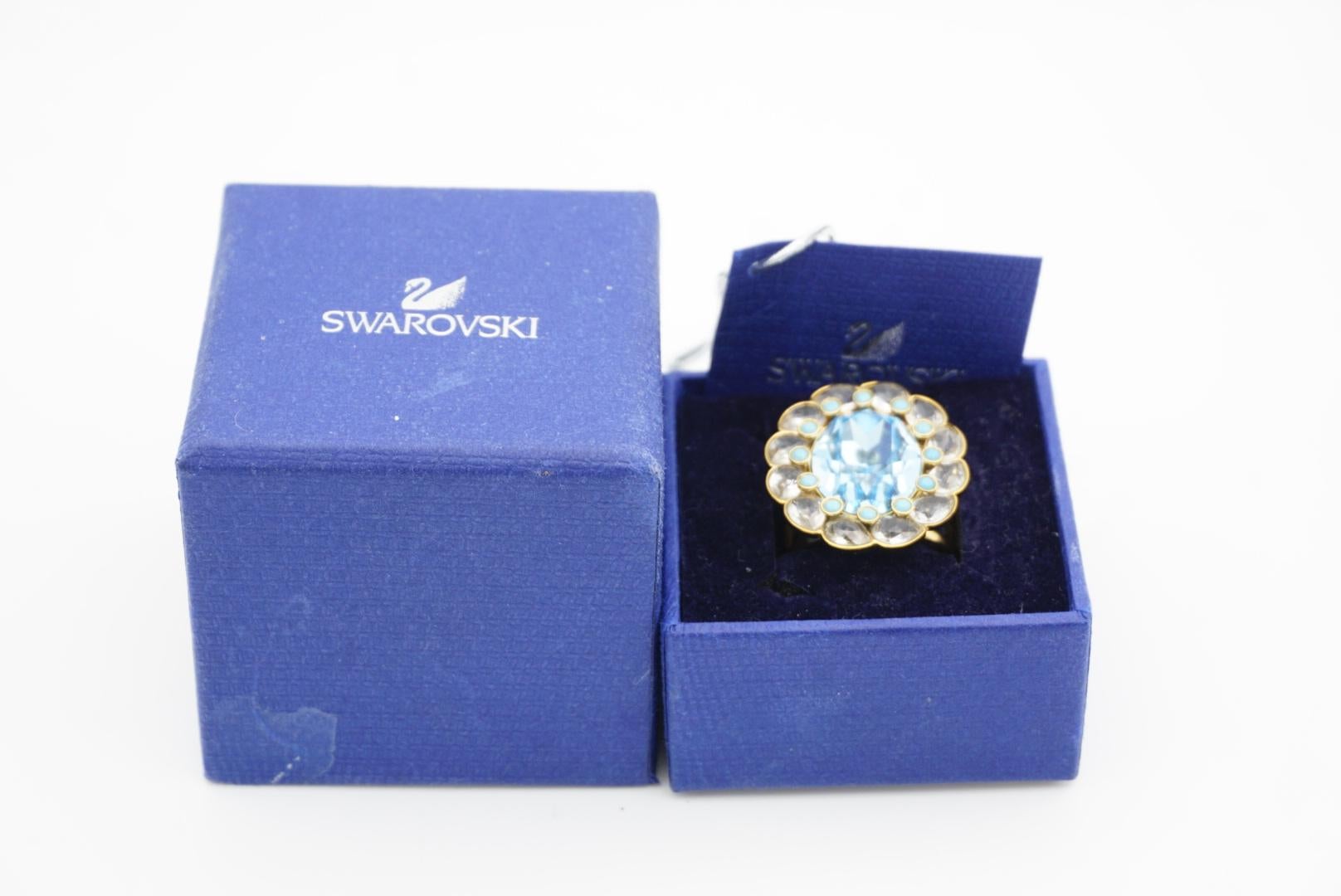 Swarovski Azore Large Clear Blue Crystals Dots Flower Cocktail Ring Size R 60 For Sale 2