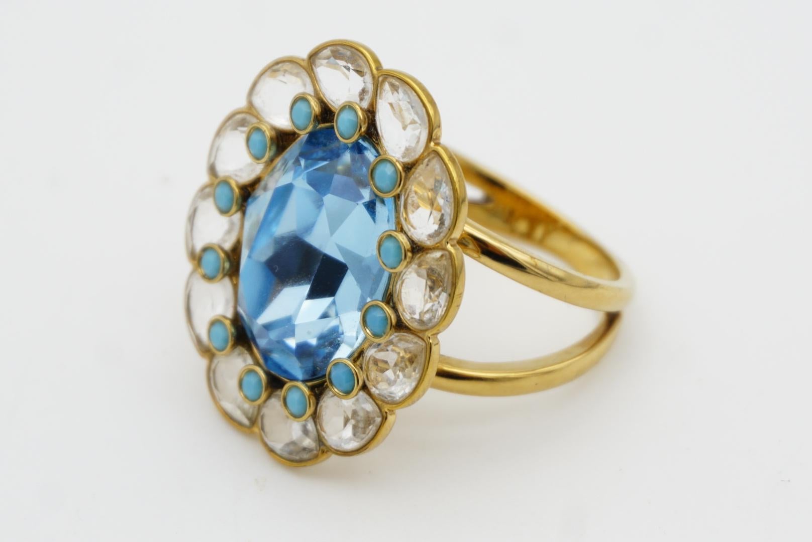 Swarovski Azore Large Clear Blue Crystals Dots Flower Cocktail Ring Size R 60 For Sale 4