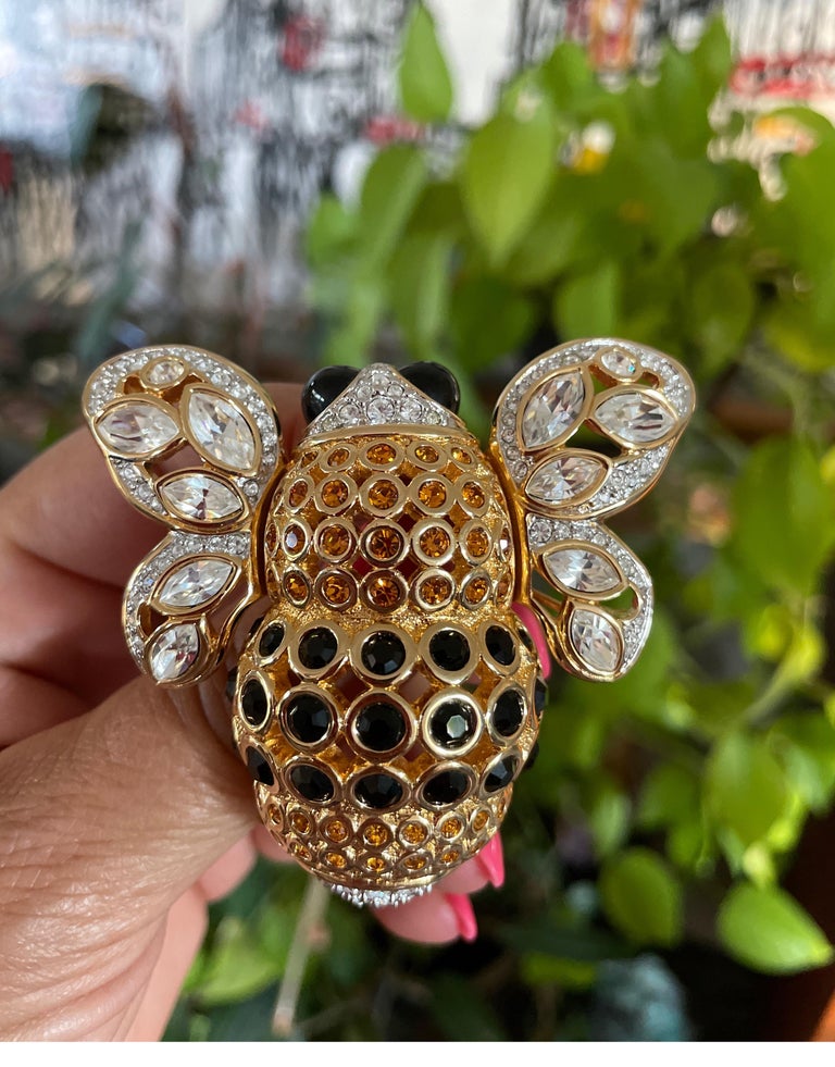 Bee Pin with Movable Wings Yellow, Black and Swarovski Crystal by Albe