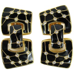 Swarovski Bezel Crystal Black enamel Earrings New, Never Worn 1980s