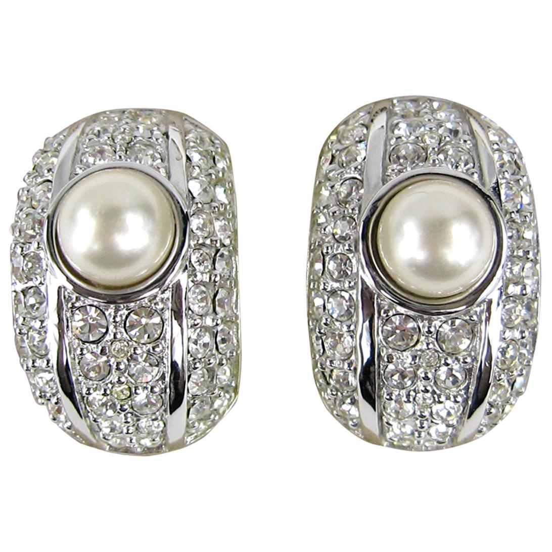 Swarovski Bezel Crystal & Pearl Clip on Earrings New, Never worn - 1980s For Sale