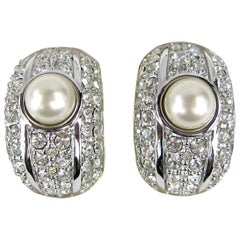 Swarovski Bezel Crystal & Pearl Clip on Earrings New, Never worn - 1980s