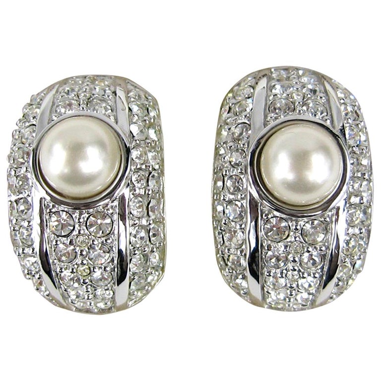 Swarovski Bezel Crystal and Pearl Clip on Earrings New, Never worn - 1980s  For Sale at 1stDibs