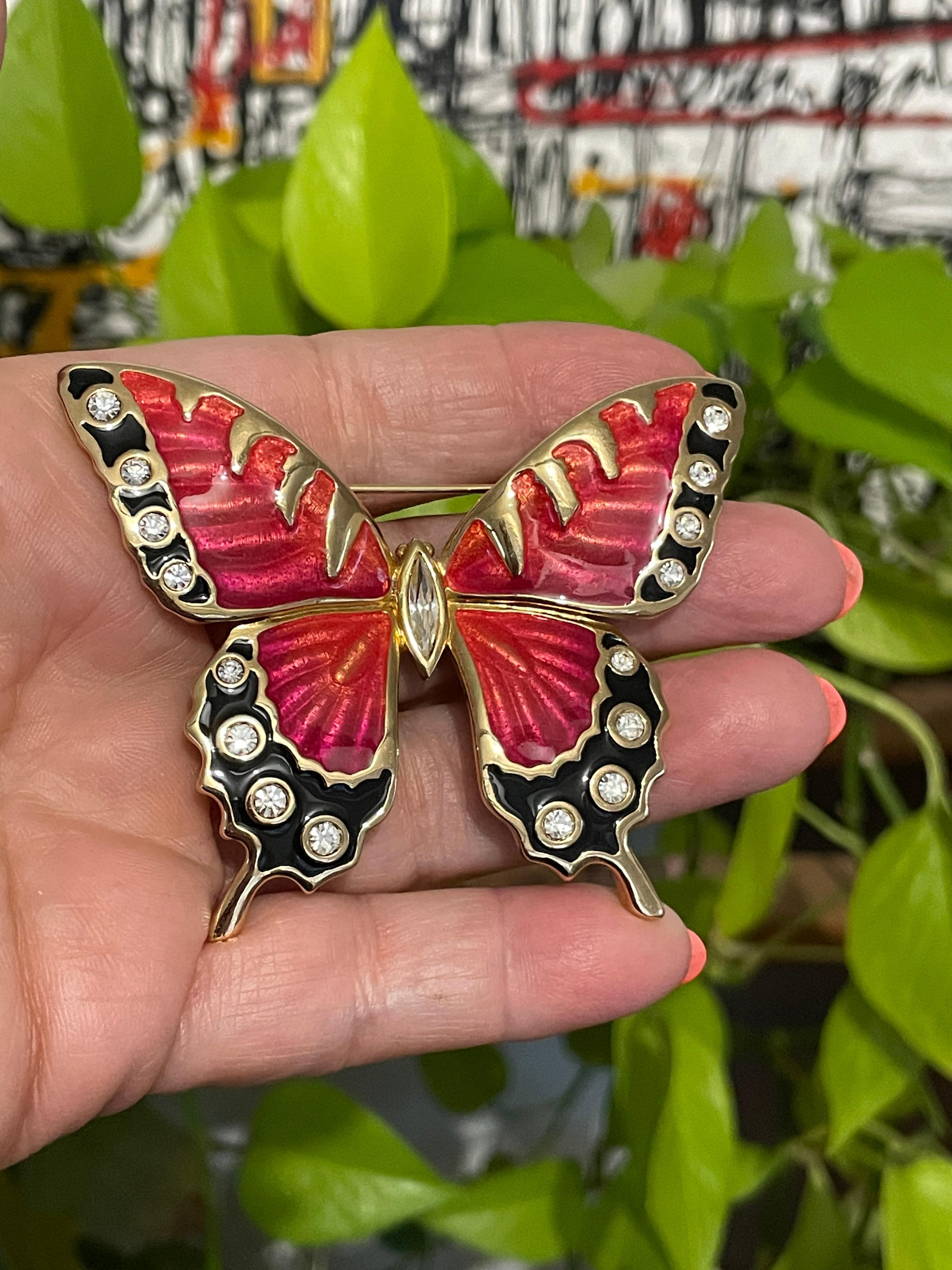 Swarovski Brooch Crystal Enamel Red & Black Butterfly 1990s New, Never worn In New Condition For Sale In Wallkill, NY