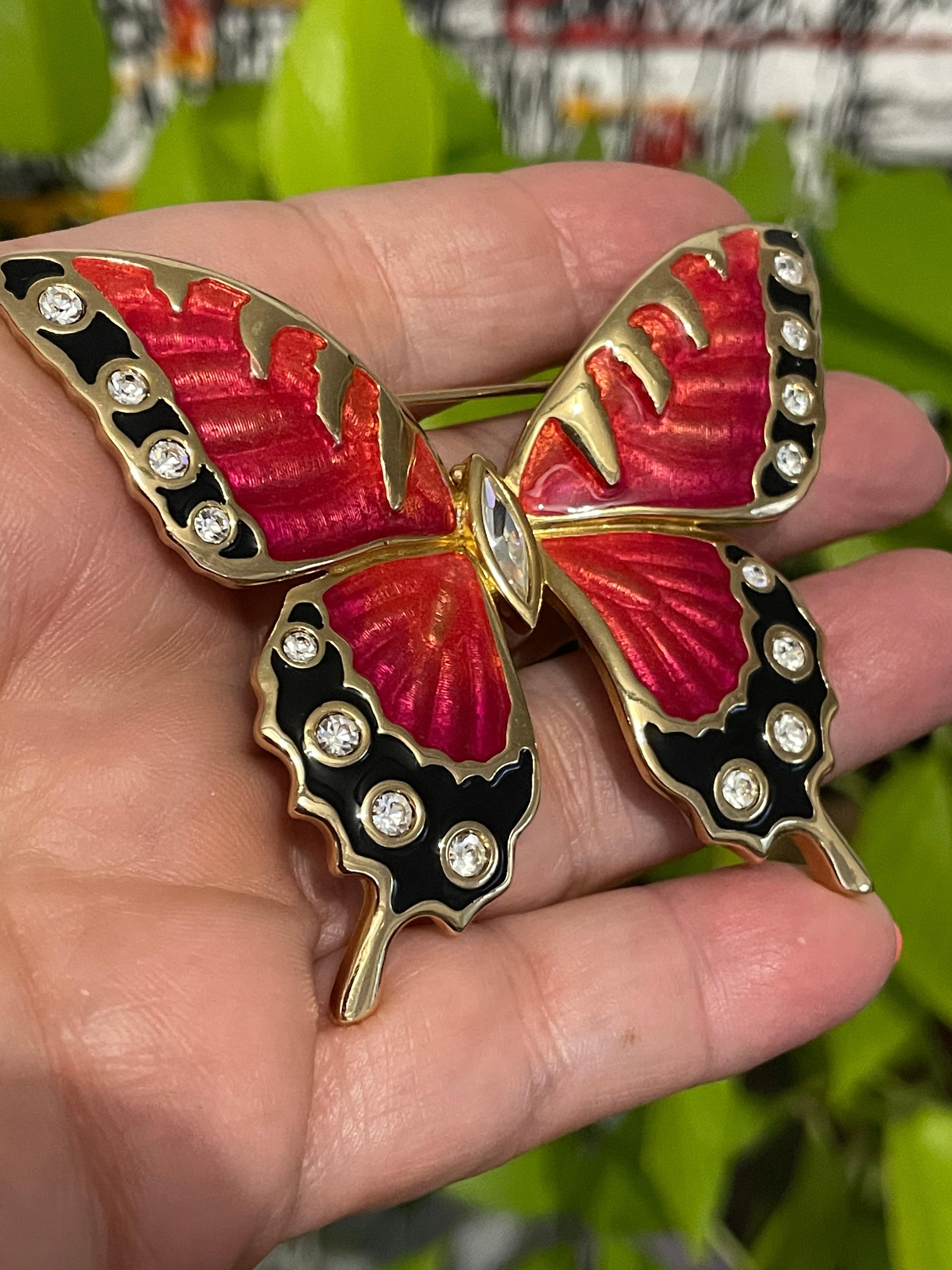 Women's Swarovski Brooch Crystal Enamel Red & Black Butterfly 1990s New, Never worn For Sale