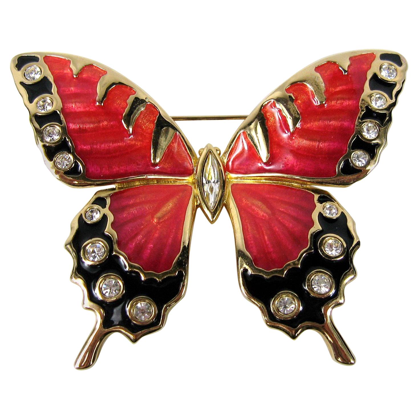Swarovski Brooch Crystal Enamel Red & Black Butterfly 1990s New, Never worn For Sale