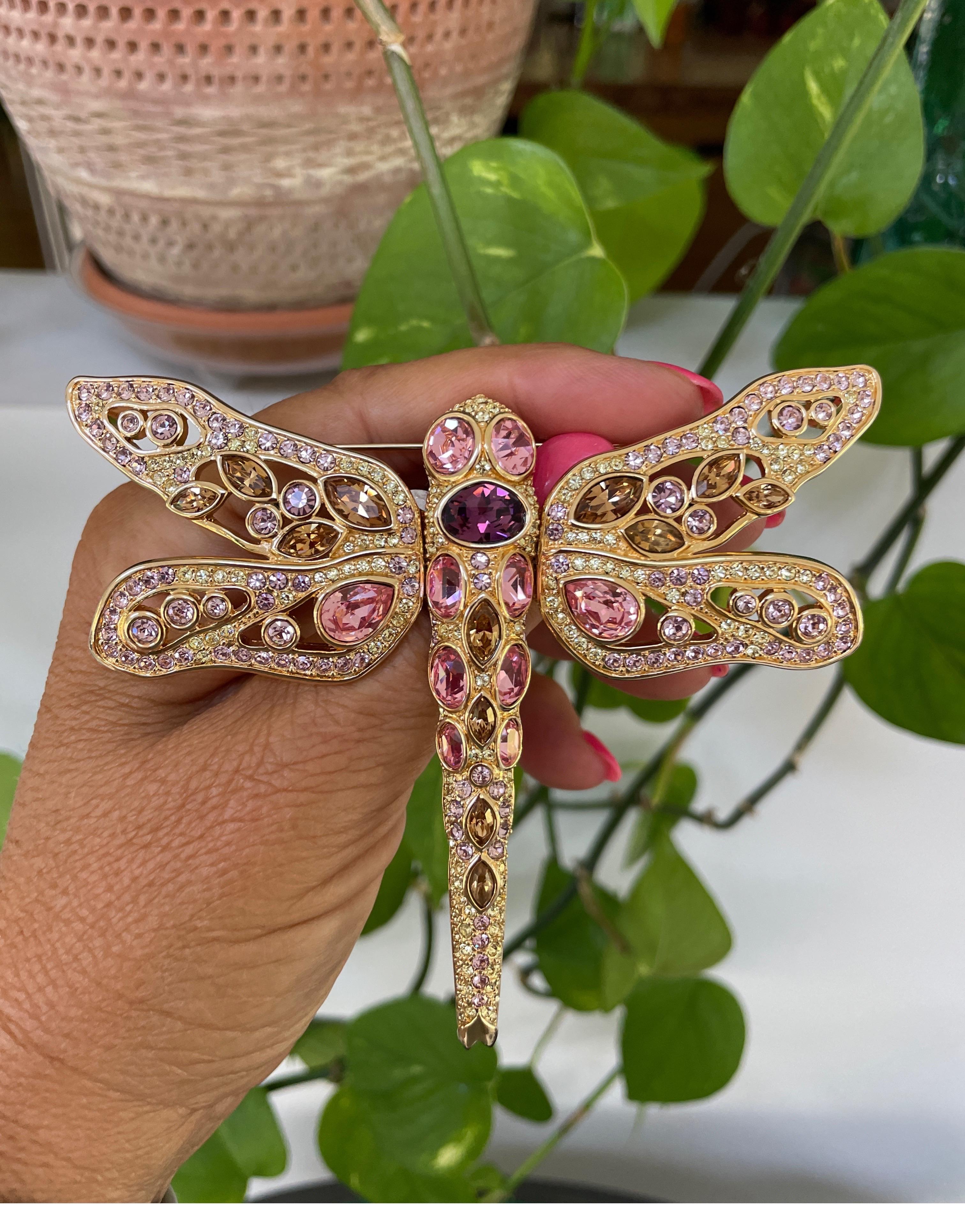 Women's Swarovski Brooch Crystal Glitz Pink Amber Purple Dragon Fly New Never Worn 1990s For Sale