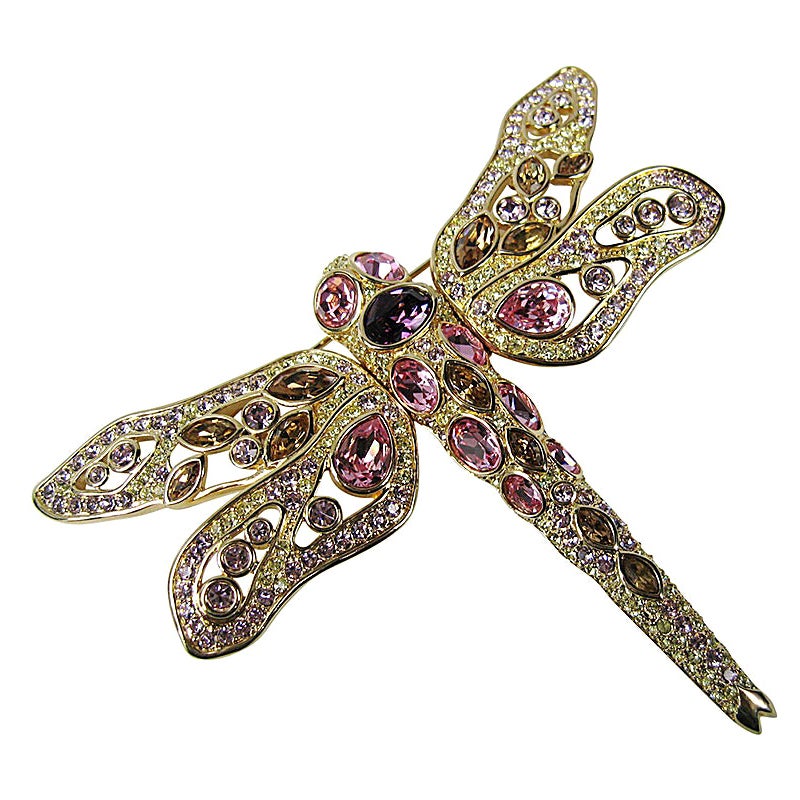 Swarovski Spilla di cristallo Glitz Rosa Ambra Viola Drago Volare Nuovo Mai Indossato 1990s