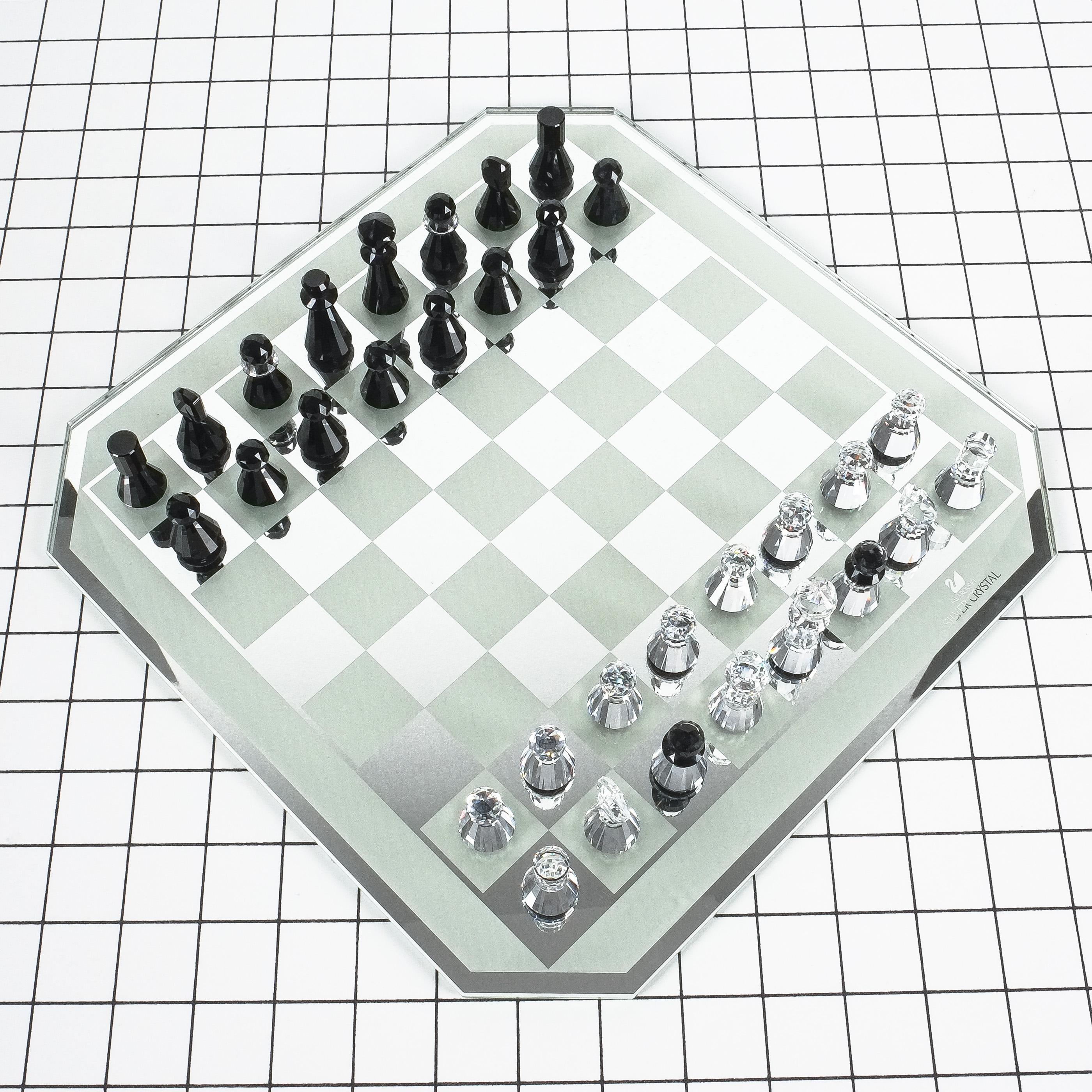 Leather Swarovski Chess Set Silver Crystal Glass Gift Box Original, Austria