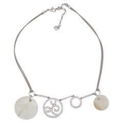 Used Swarovski Circles Round Crystals Openwork Ivory Pendants White Plated Necklace