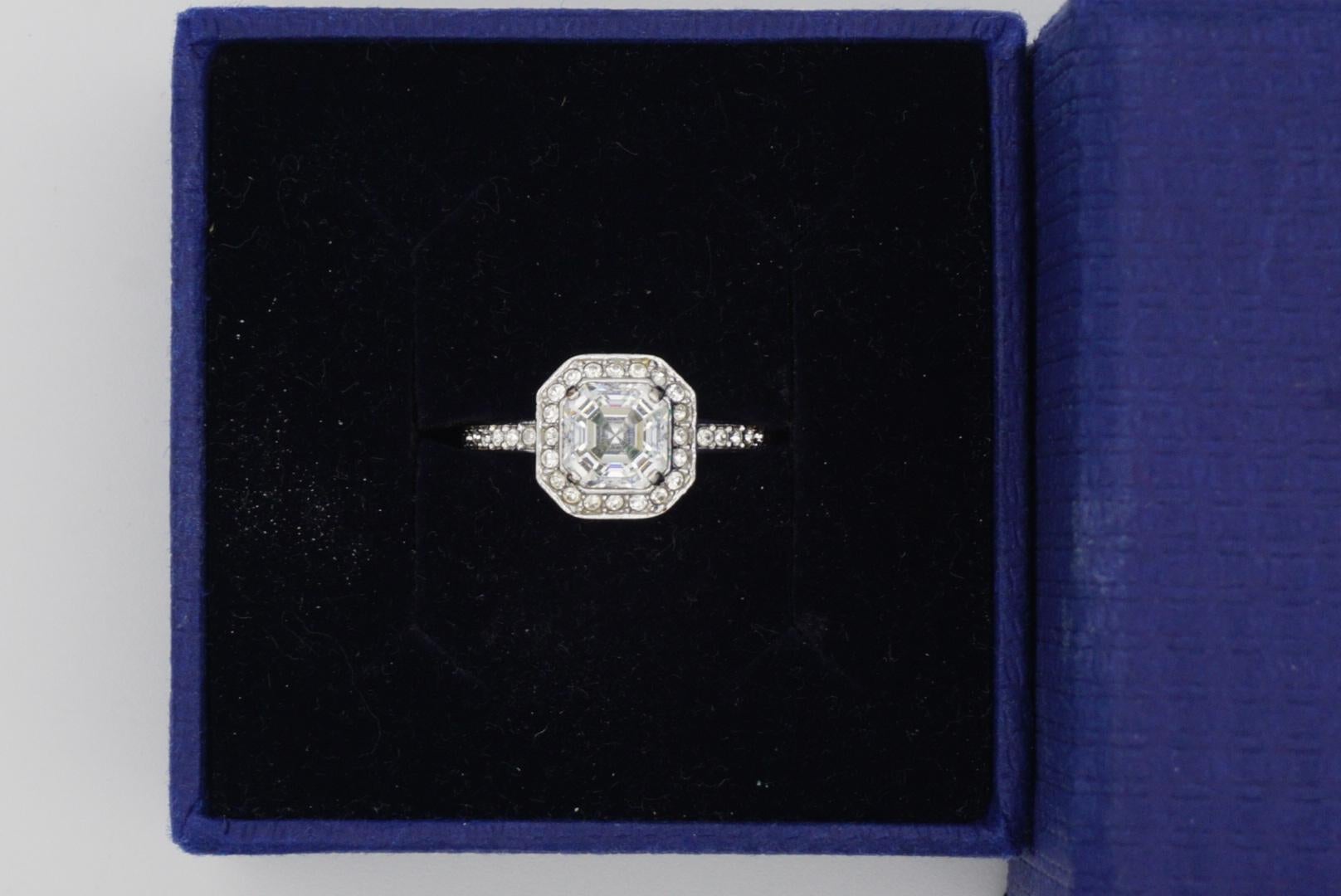 SWAROVSKI Clear Crystals Halo Shoulder Octagon Cube Ring White Rhodium Size L 52 6