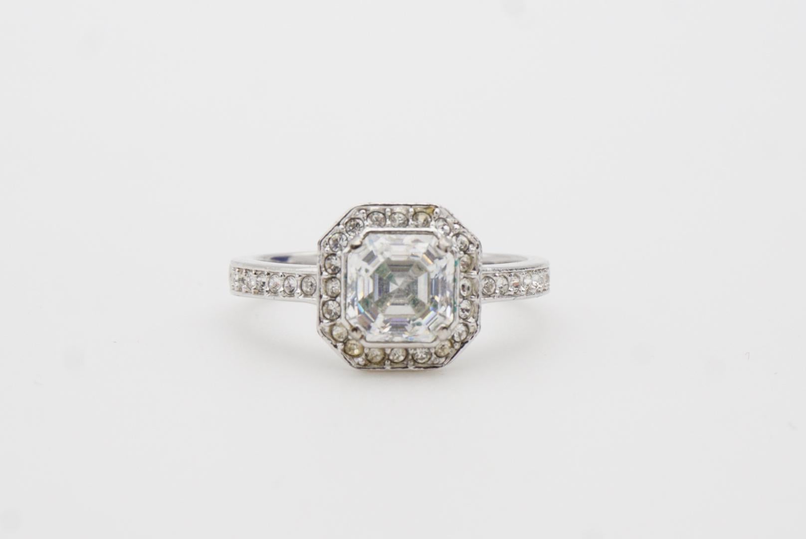 SWAROVSKI Clear Crystals Halo Shoulder Octagon Cube Ring White Rhodium Size L 52 7