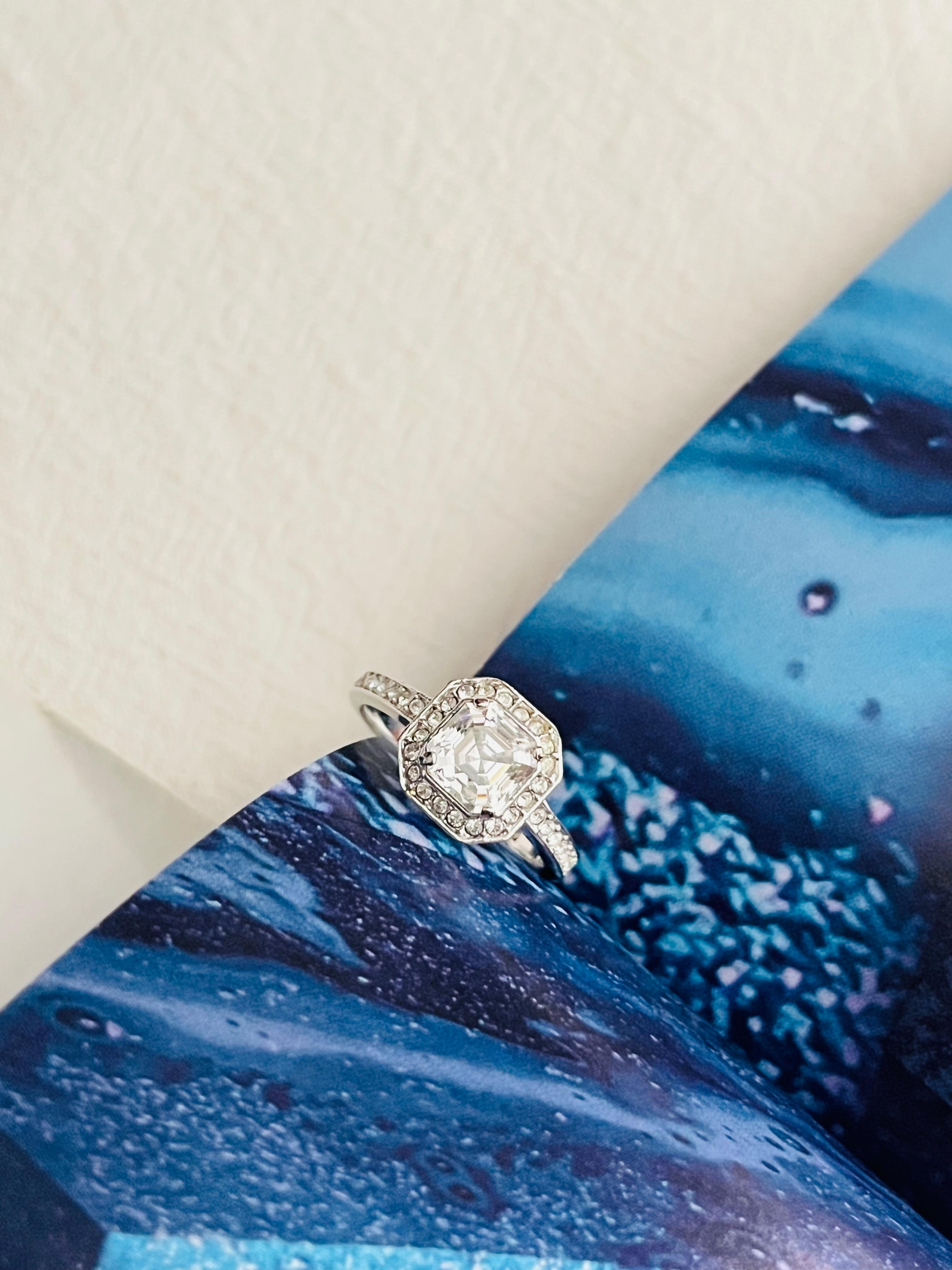SWAROVSKI Clear Crystals Halo Shoulder Octagon Cube Ring White Rhodium Size L 52 In Excellent Condition For Sale In Wokingham, England
