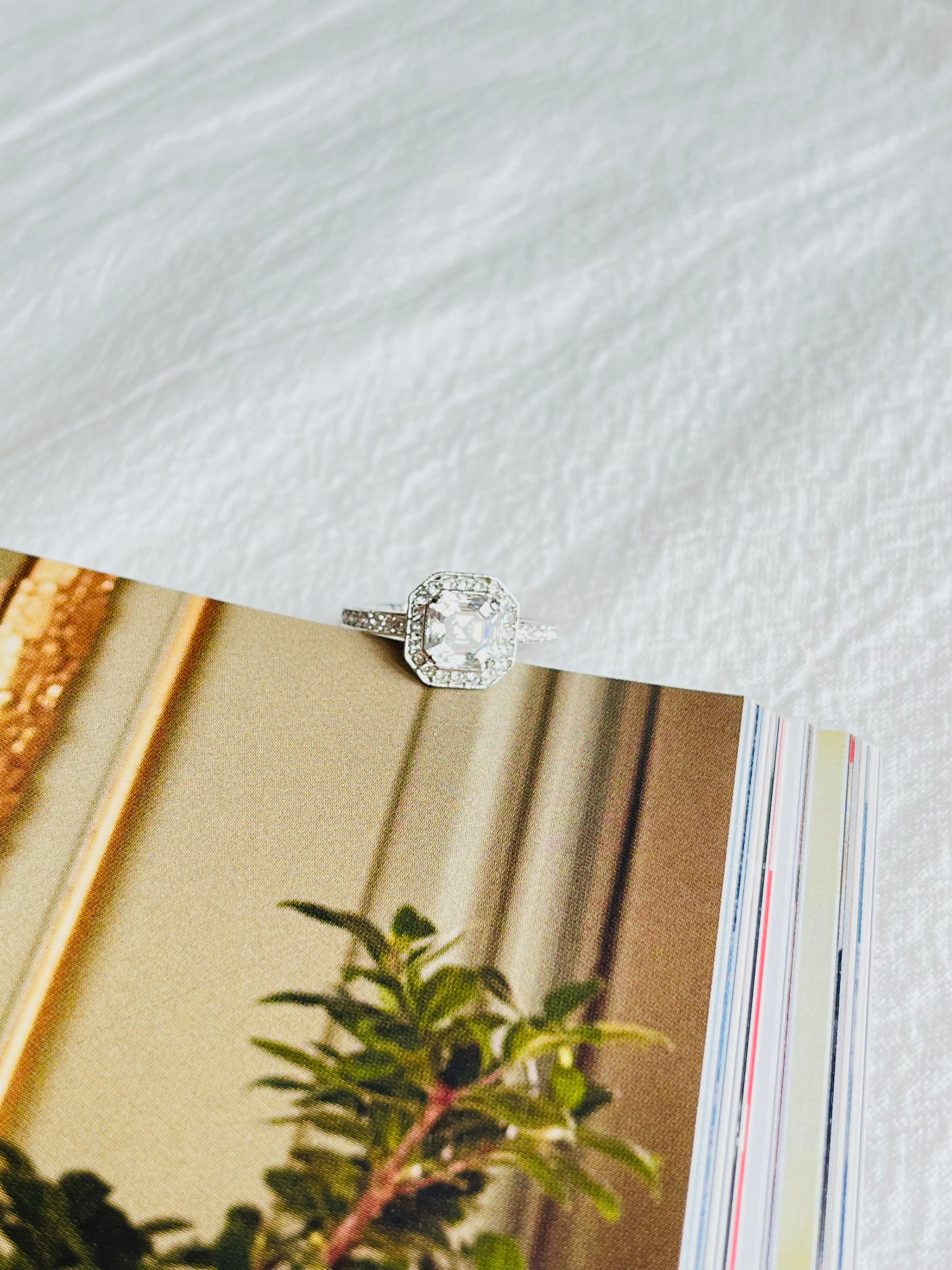 SWAROVSKI Clear Crystals Halo Shoulder Octagon Cube Ring White Rhodium Size L 52 4