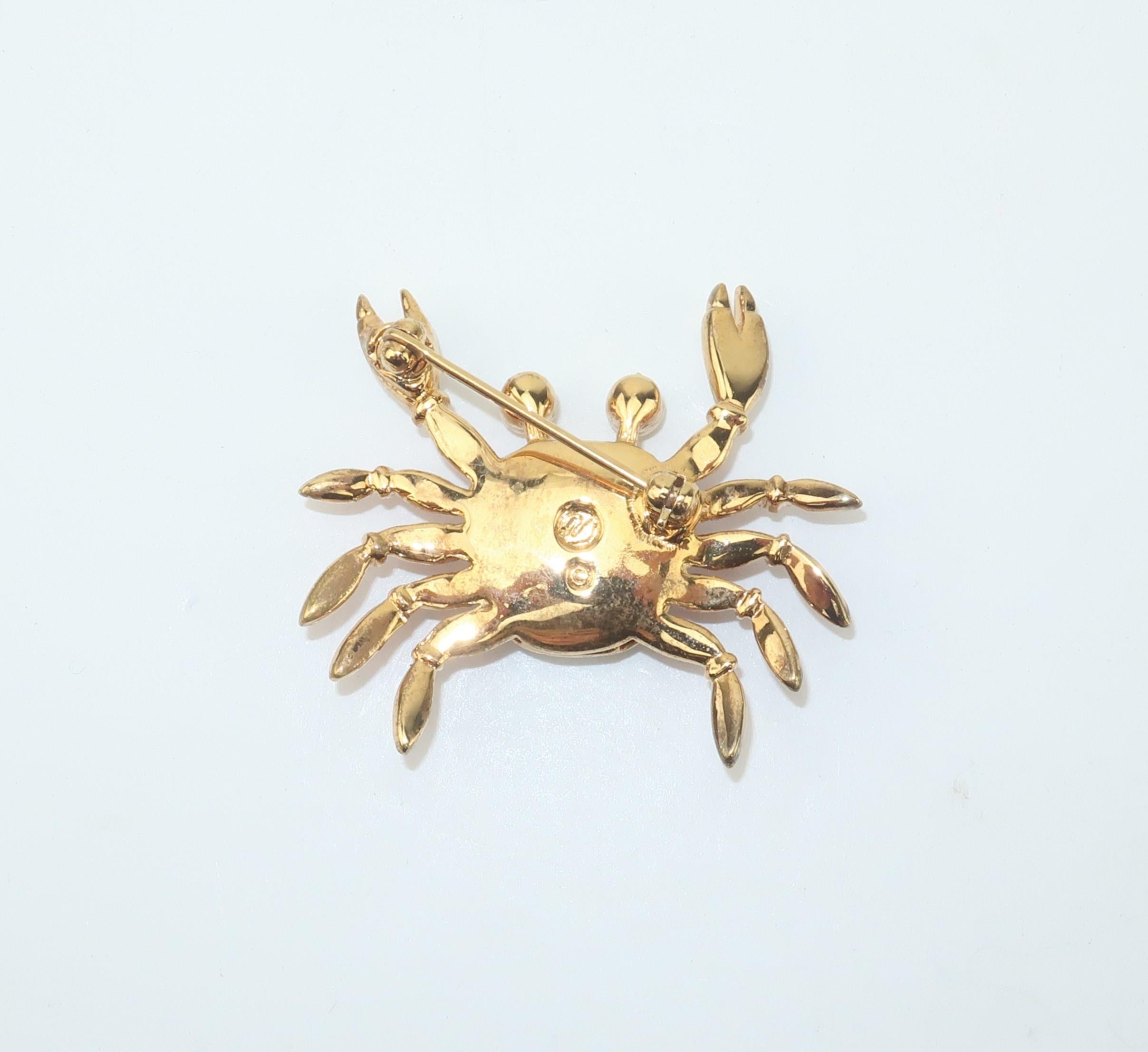 Brilliant Cut Swarovski Crab Brooch With Enamel & Pearl Details
