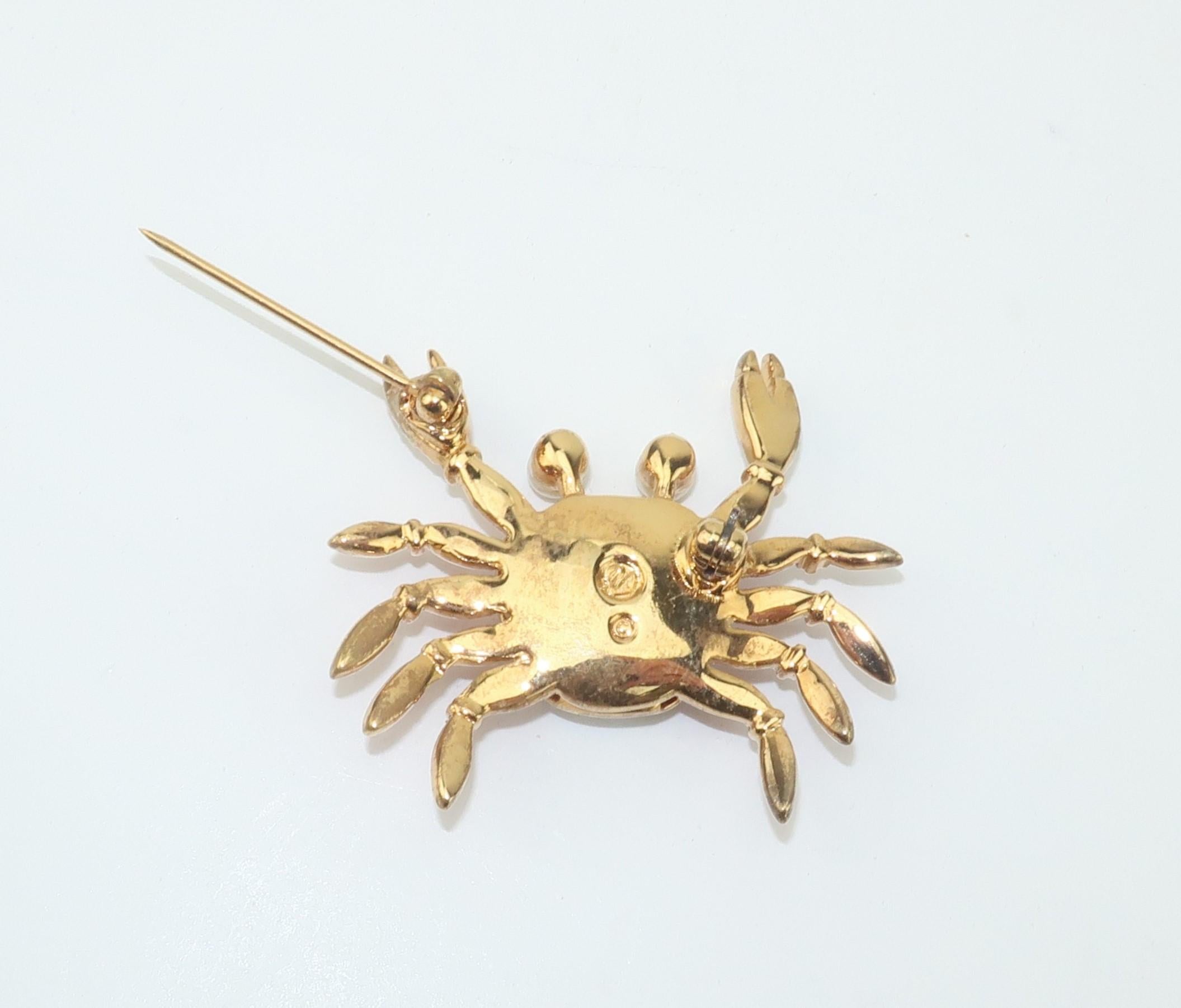 Women's or Men's Swarovski Crab Brooch With Enamel & Pearl Details