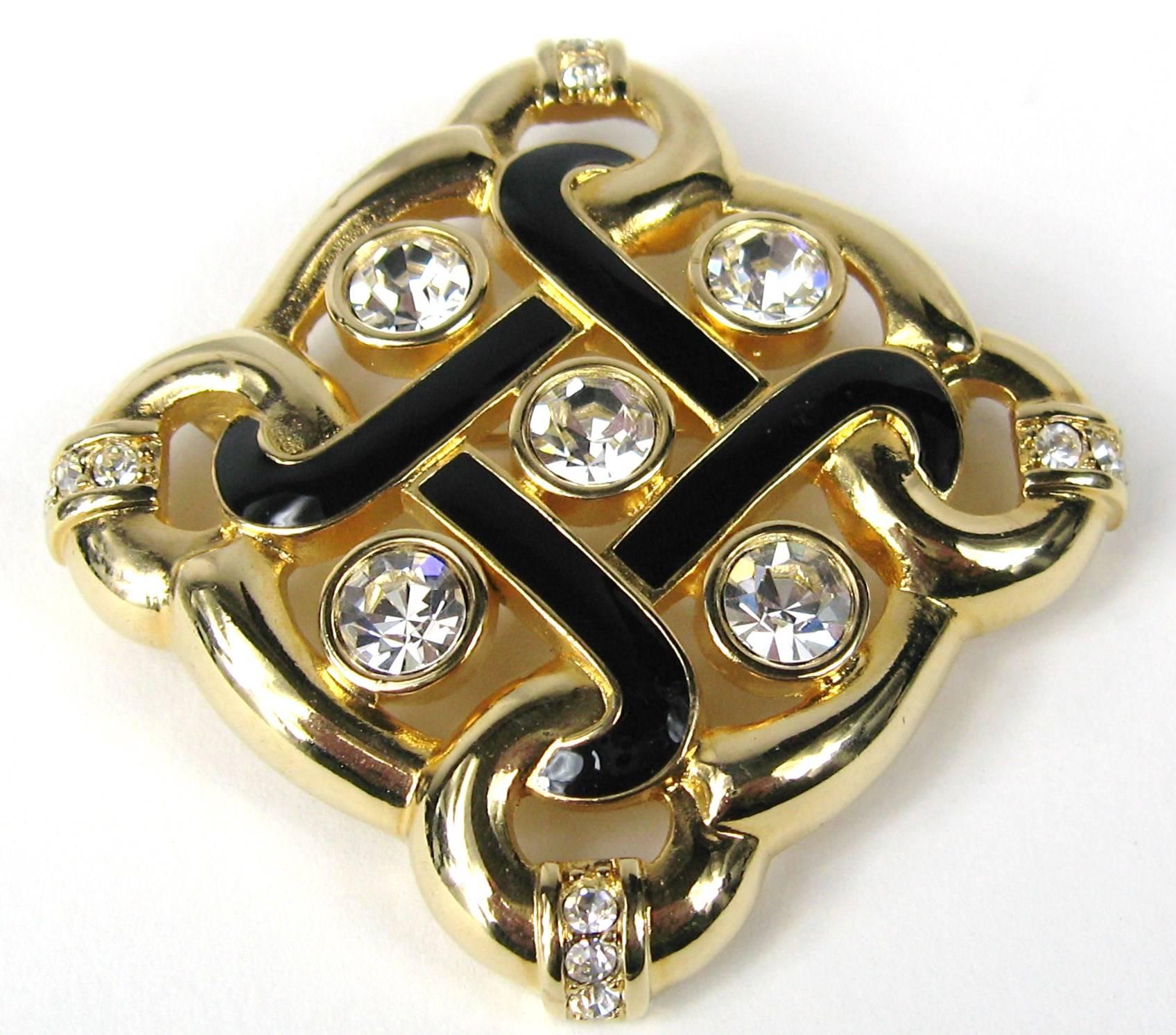 Gold gilt Swarovski Crystal Brooch Black enamel detailing. Measuring 1.73 in square. Visit our store front for hundreds of designer costume jewelry as well as sterling silver. Be sure to follow us to get email updates of our new additions every